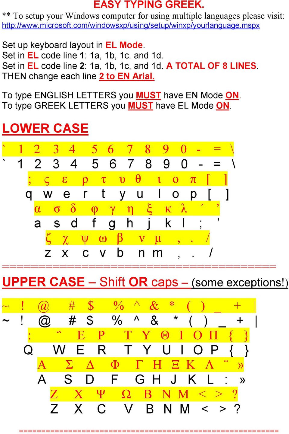 To type ENGLISH LETTERS you MUST have EN Mode ON. To type GREEK LETTERS you MUST have EL Mode ON.