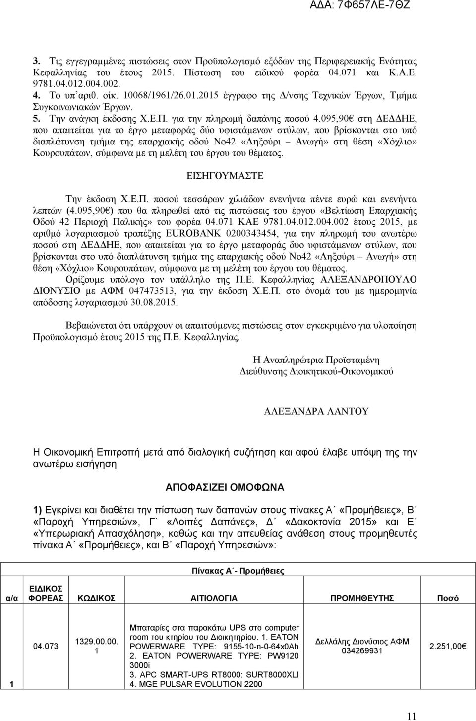 095,90 στη ΔΕΔΔΗΕ, που απαιτείται για το έργο μεταφοράς δύο υφιστάμενων στύλων, που βρίσκονται στο υπό διαπλάτυνση τμήμα της επαρχιακής οδού Νο42 «Ληξούρι Ανωγή» στη θέση «Χόχλιο» Κουρουπάτων,