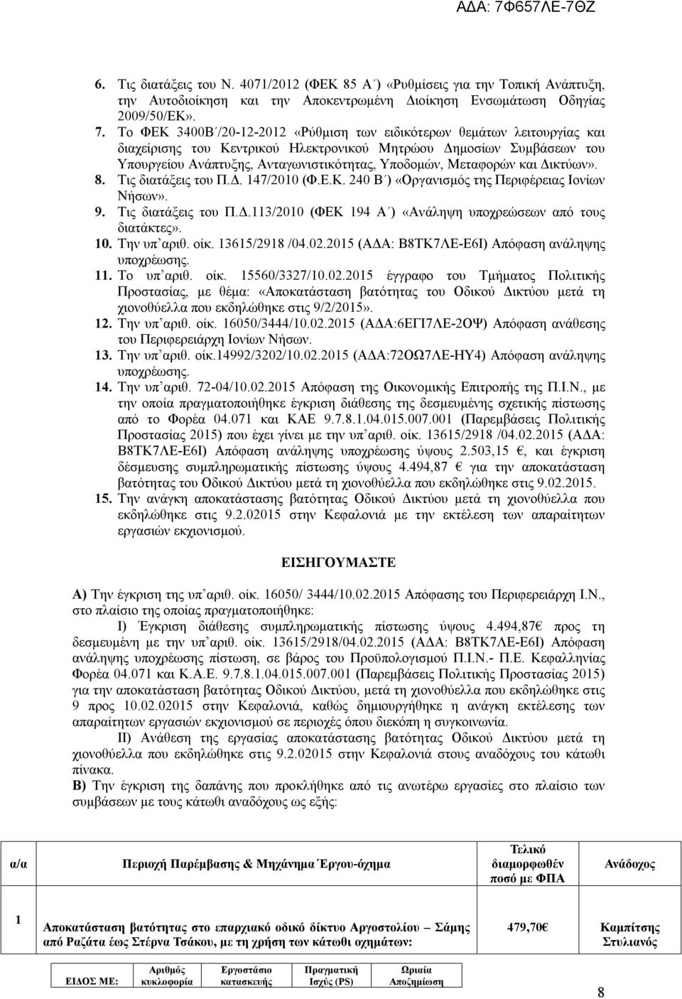 Μεταφορών και Δικτύων». 8. Τις διατάξεις του Π.Δ. 47/200 (Φ.Ε.Κ. 240 Β ) «Οργανισμός της Περιφέρειας Ιονίων Νήσων». 9. Τις διατάξεις του Π.Δ.3/200 (ΦΕΚ 94 Α ) «Ανάληψη υποχρεώσεων από τους διατάκτες».