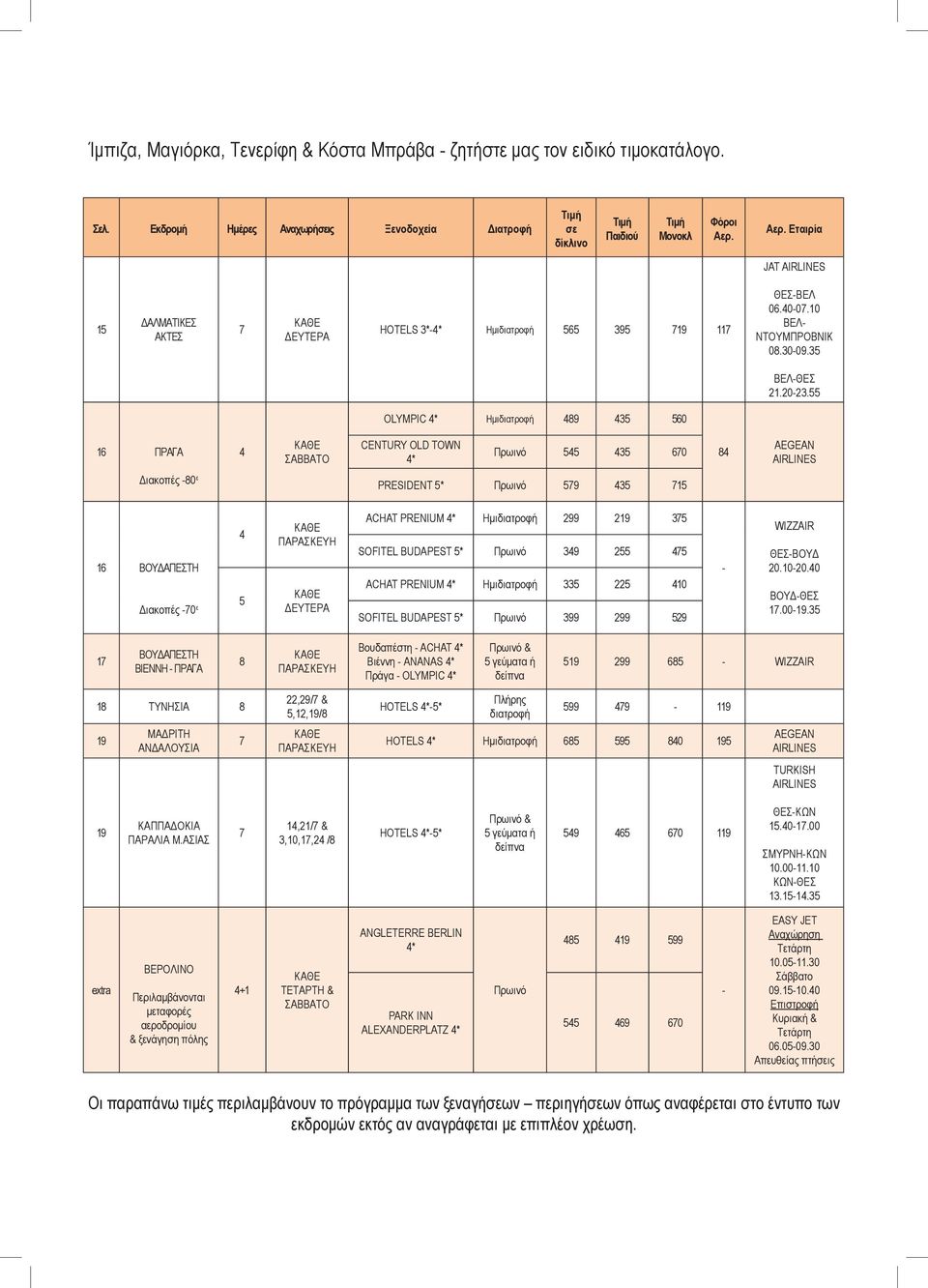 OLYMPIC * Hμιδιατροφή 9 3 0 1 ΠΡΑΓΑ CENTURY OLD TOWN * 3 0 AEGEAN AIRLINES Διακοπές 0 ε PRESIDENT * 9 3 1 1 ΒΟΥΔΑΠΕΣΤΗ Διακοπές 0 ε ΑCHAT PRENIUM * Hμιδιατροφή 299 219 3 SOFITEL BUDAPEST * 39 2 ΑCHAT