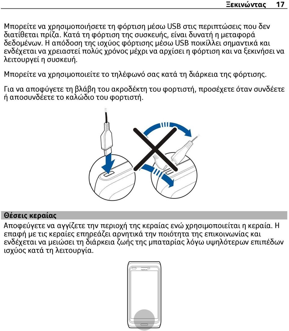 Μπορείτε να χρησιμοποιείτε το τηλέφωνό σας κατά τη διάρκεια της φόρτισης. Για να αποφύγετε τη βλάβη του ακροδέκτη του φορτιστή, προσέχετε όταν συνδέετε ή αποσυνδέετε το καλώδιο του φορτιστή.