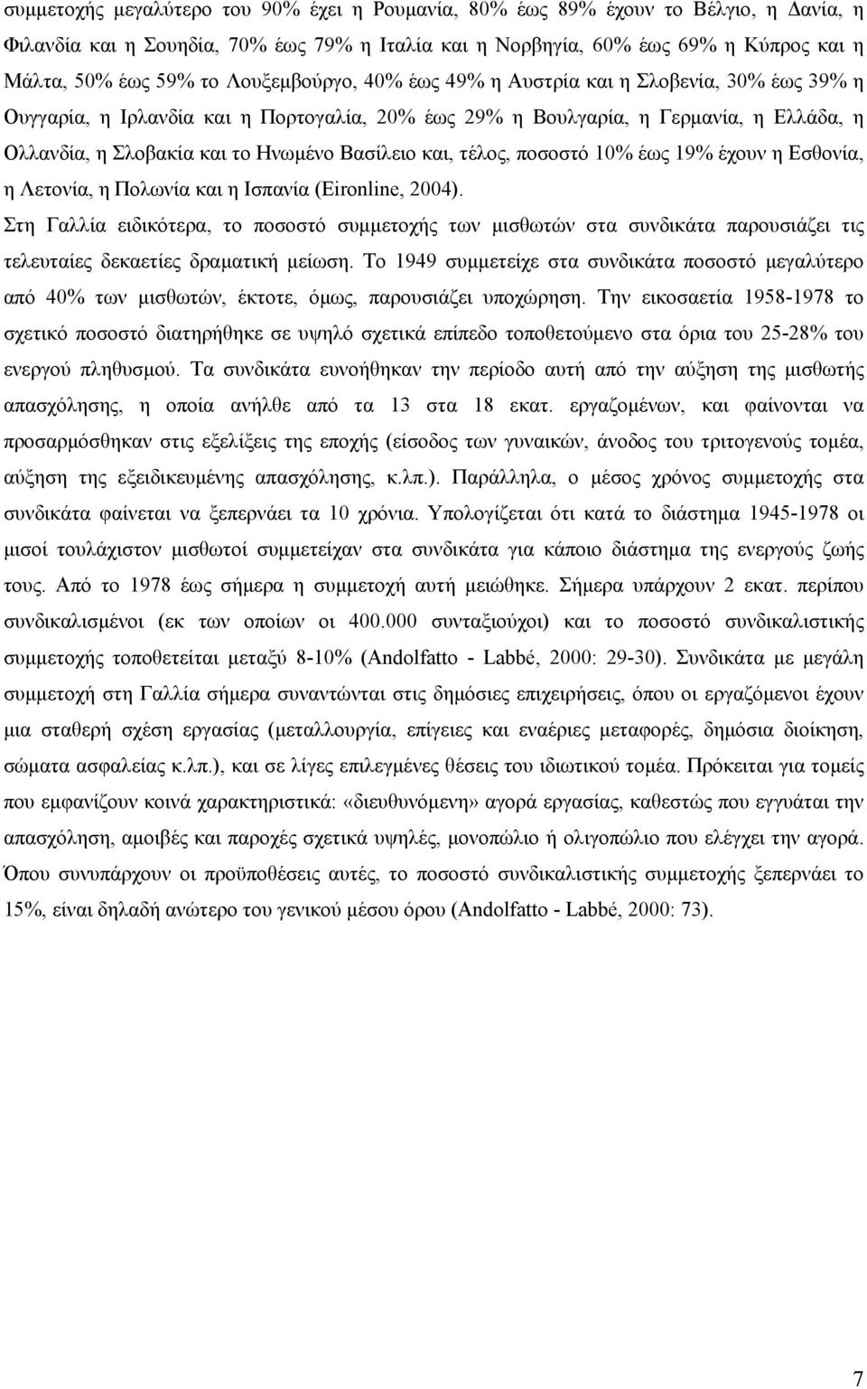 και, τέλος, ποσοστό 10% έως 19% έχουν η Εσθονία, η Λετονία, η Πολωνία και η Ισπανία (Eironline, 2004).