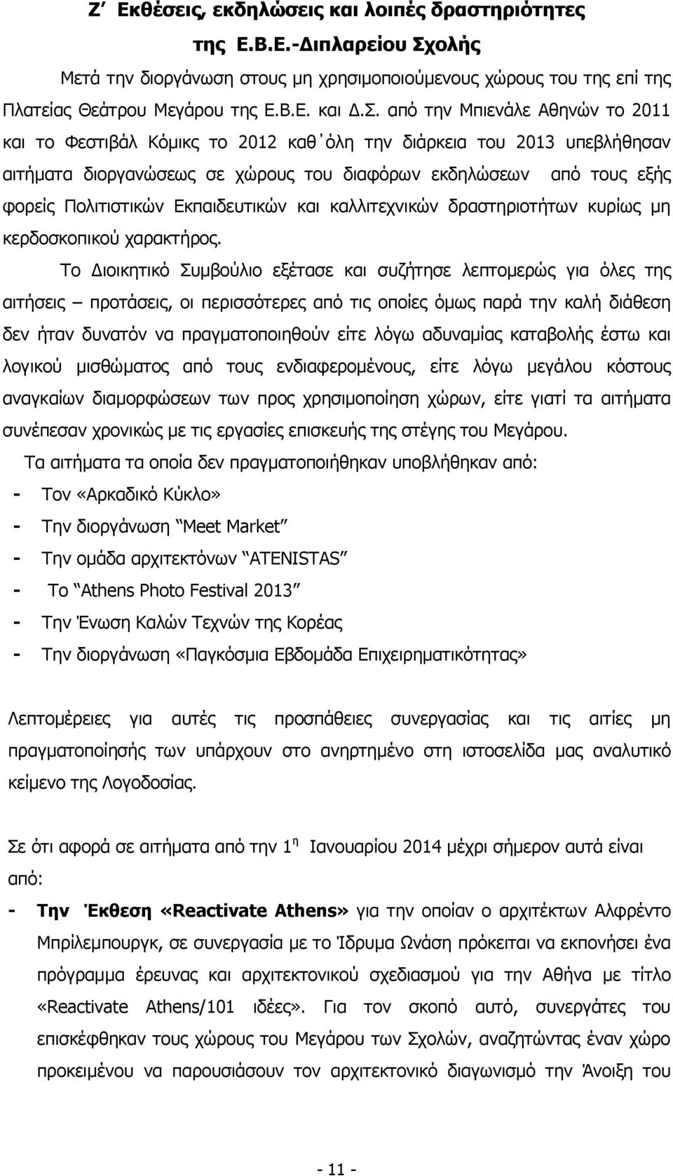 από την Μπιενάλε Αθηνών το 2011 και το Φεστιβάλ Κόμικς το 2012 καθ όλη την διάρκεια του 2013 υπεβλήθησαν αιτήματα διοργανώσεως σε χώρους του διαφόρων εκδηλώσεων από τους εξής φορείς Πολιτιστικών