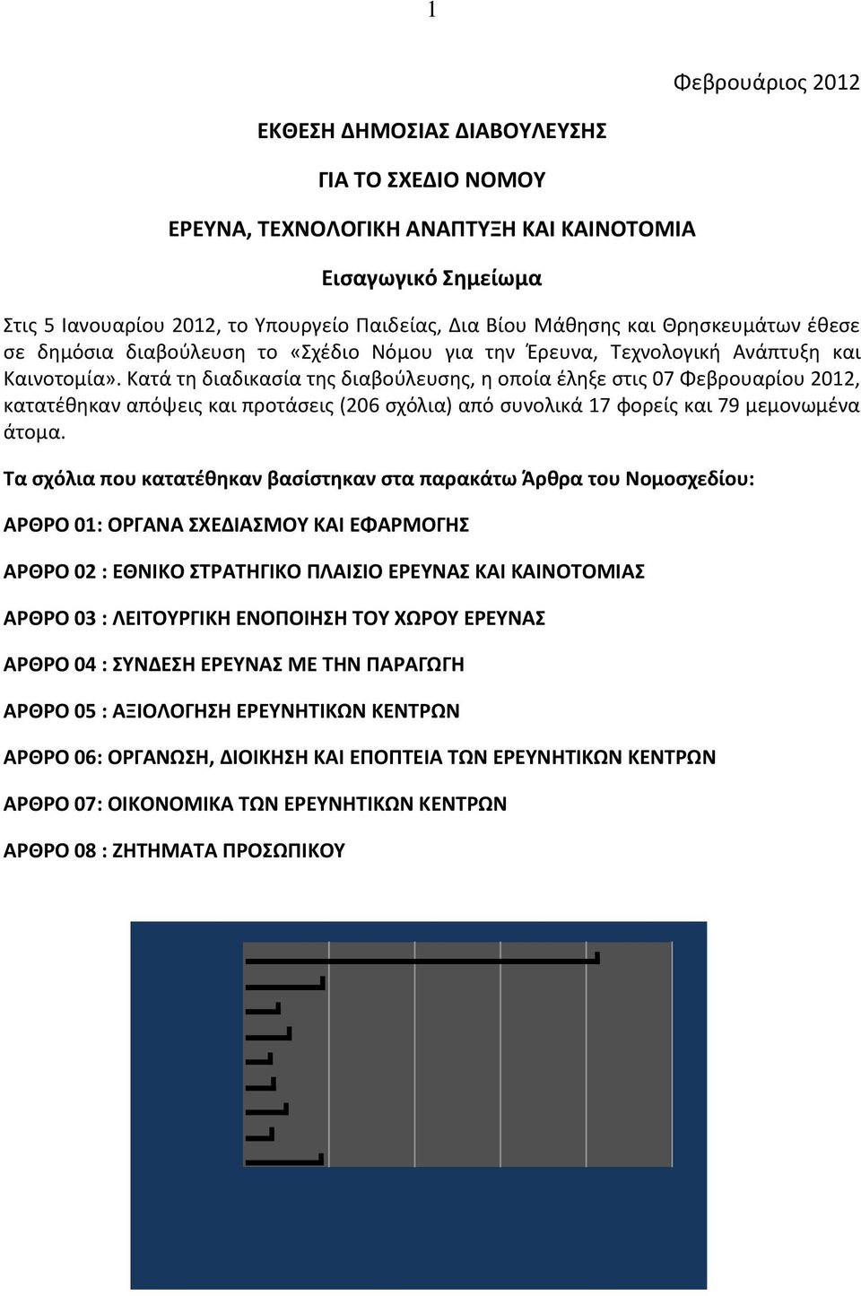 Κατά τη διαδικασία της διαβούλευσης, η οποία έληξε στις 07 Φεβρουαρίου 2012, κατατέθηκαν απόψεις και προτάσεις (206 σχόλια) από συνολικά 17 φορείς και 79 μεμονωμένα άτομα.