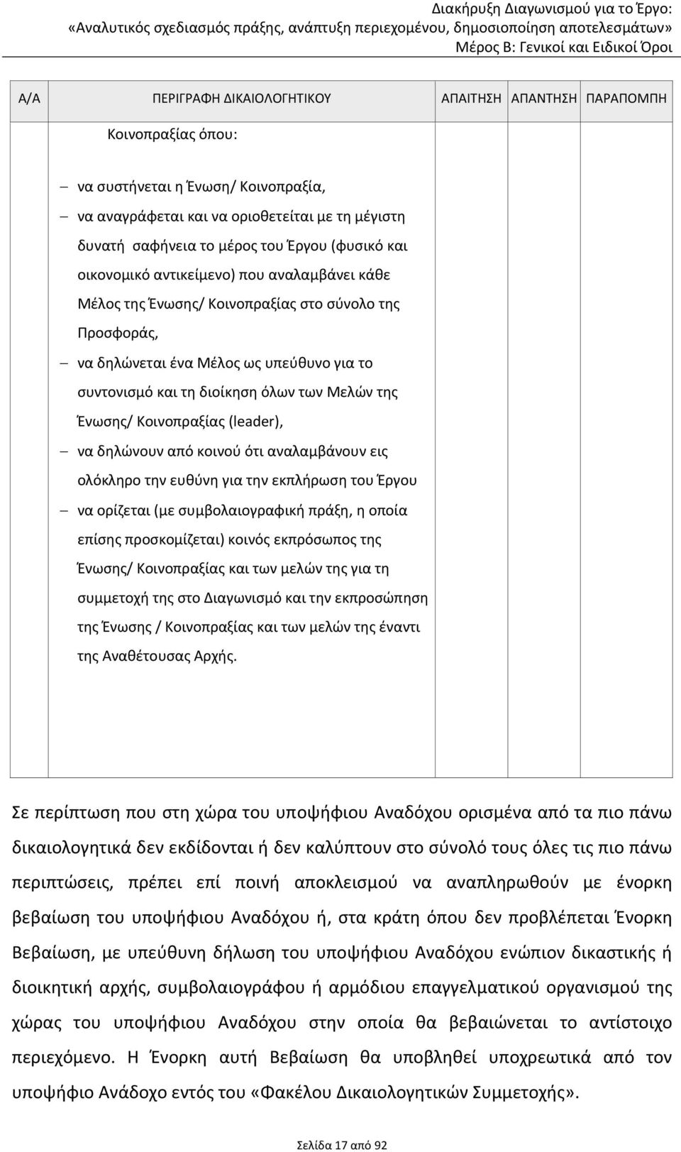 της Ένωσης/ Κοινοπραξίας (leader), να δηλώνουν από κοινού ότι αναλαμβάνουν εις ολόκληρο την ευθύνη για την εκπλήρωση του Έργου να ορίζεται (με συμβολαιογραφική πράξη, η οποία επίσης προσκομίζεται)