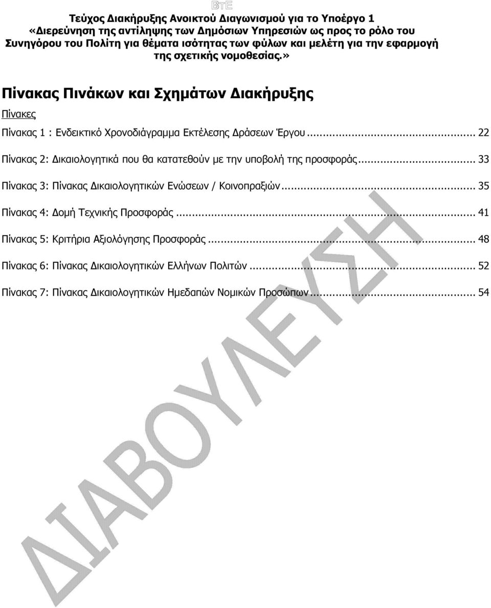 .. 33 Πίνακας 3: Πίνακας ικαιολογητικών Ενώσεων / Κοινοπραξιών... 35 Πίνακας 4: οµή Τεχνικής Προσφοράς.