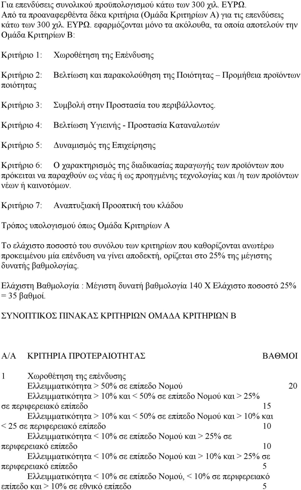 εφαρμόζονται μόνο τα ακόλουθα, τα οποία αποτελούν την Ομάδα Κριτηρίων Β: Κριτήριο 1: Κριτήριο 2: ποιότητας Κριτήριο 3: Κριτήριο 4: Κριτήριο 5: Χωροθέτηση της Επένδυσης Βελτίωση και παρακολούθηση της