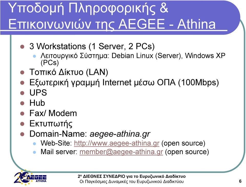 γραμμή Internet μέσω ΟΠΑ (100Μbps) UPS Hub Fax/ Modem Εκτυπωτής Domain-Name: aegee-athina.