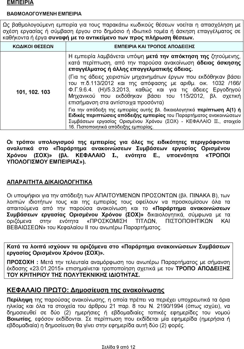 103 ΕΜΠΕΙΡΙΑ ΚΑΙ ΤΡΟΠΟΣ ΑΠΟΔΕΙΞΗΣ Η εμπειρία λαμβάνεται υπόψη μετά την απόκτηση της ζητούμενης, κατά περίπτωση, από την παρούσα ανακοίνωση άδειας άσκησης επαγγέλματος ή άλλης επαγγελματικής άδειας.