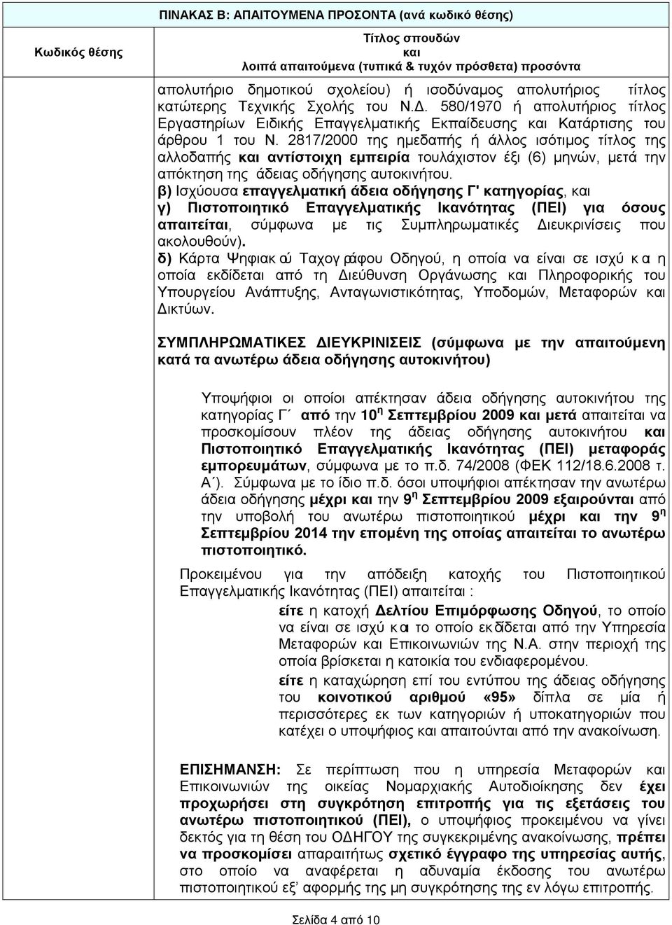 2817/2000 της ημεδαπής ή άλλος ισότιμος τίτλος της αλλοδαπής και αντίστοιχη εμπειρία τουλάχιστον έξι (6) μηνών, μετά την απόκτηση της άδειας οδήγησης αυτοκινήτου.