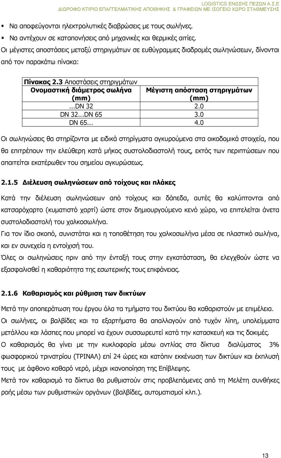 3 Αποστάσεις στηριγµάτων Ονοµαστική διάµετρος σωλήνα (mm) Μέγιστη απόσταση στηριγµάτων (mm)...dn 32 2.0 DN 32...DN 65 3.0 DN 65... 4.