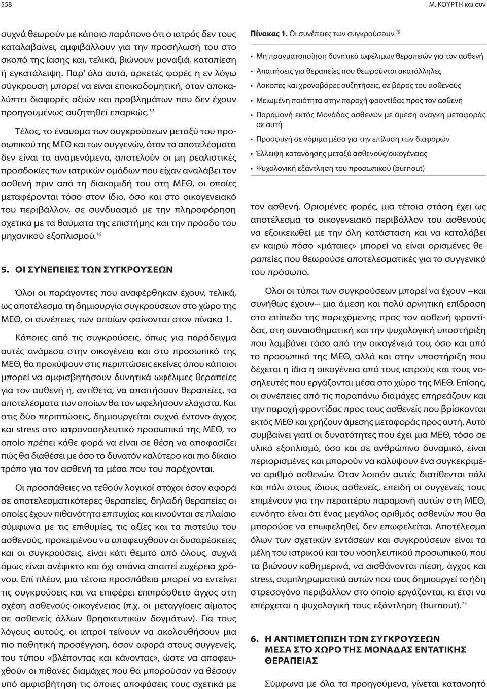 14 Τέλος, το έναυσμα των συγκρούσεων μεταξύ του προσωπικού της ΜΕΘ και των συγγενών, όταν τα αποτελέσματα δεν είναι τα αναμενόμενα, αποτελούν οι μη ρεαλιστικές προσδοκίες των ιατρικών ομάδων που