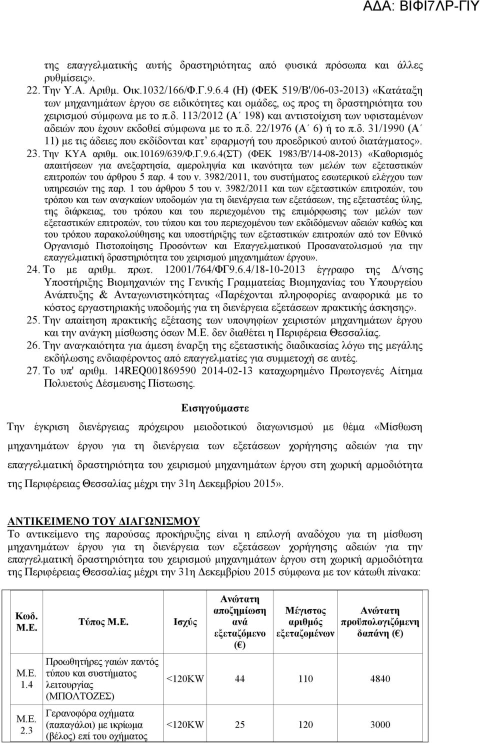 δ. 22/1976 (Α 6) το π.δ. 31/1990 (Α 11) με τις άδειες που εκδίδονται κατ εφαρμογ του προεδρικού αυτού διατάγματος». 23. Την ΚΥΑ αριθμ. οικ.10169/639/φ.γ.9.6.4(στ) (ΦΕΚ 1983/Β'/14-08-2013) «Καθορισμός απαιτσεων για ανεξαρτησία, αμεροληψία και ικανότητα των μελών των εξεταστικών επιτροπών του άρθρου 5 παρ.