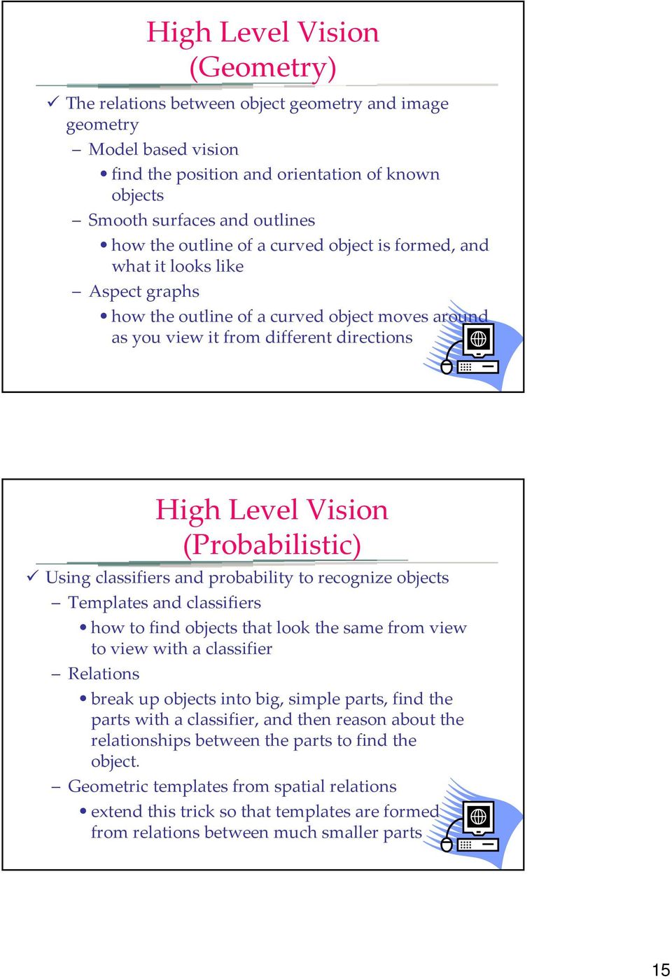 Using classifiers and probability to recognize objects Templates and classifiers how to find objects that look the same from view to view with a classifier Relations break up objects into big, simple