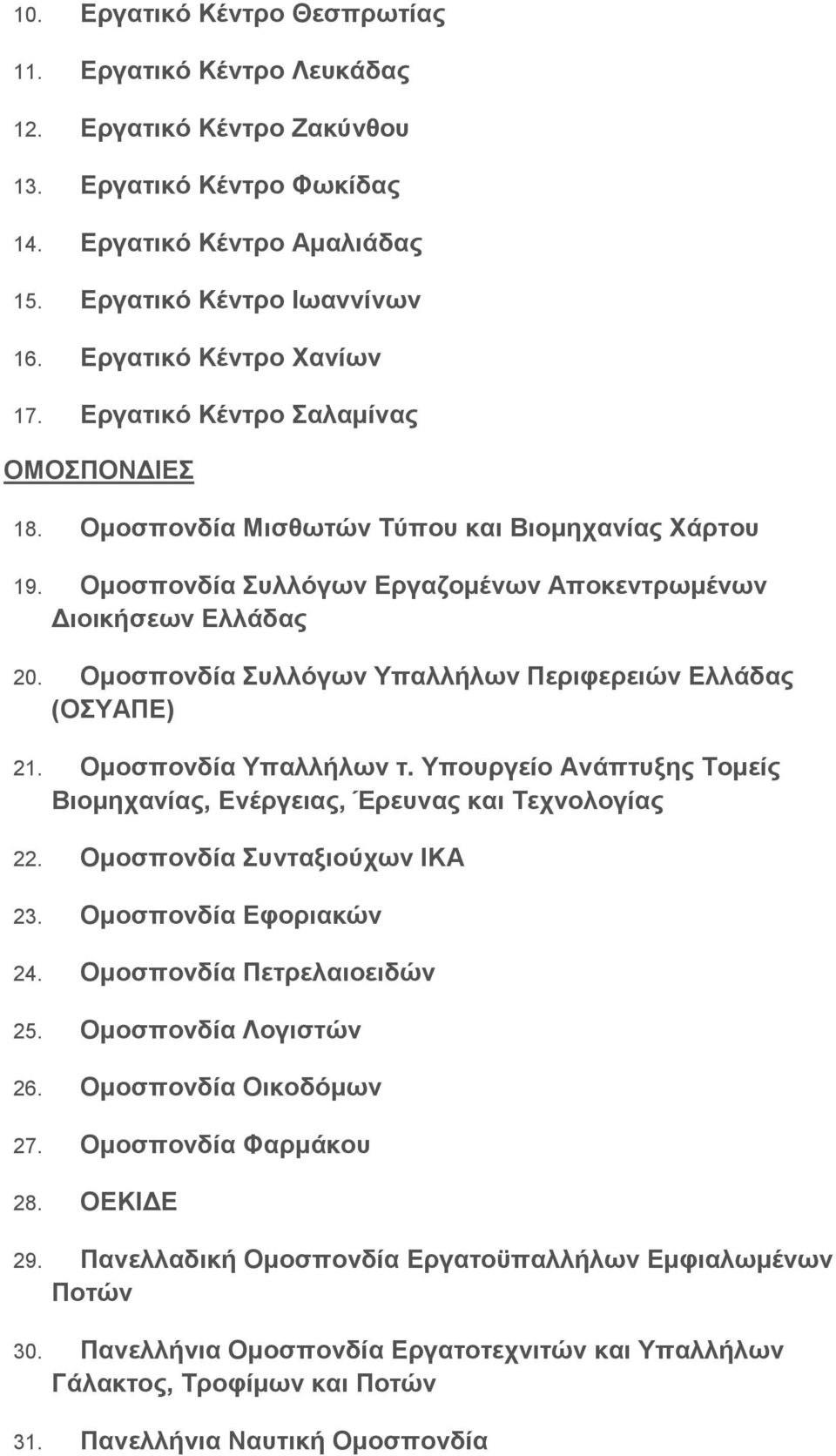 Ομοσπονδία Συλλόγων Υπαλλήλων Περιφερειών Ελλάδας (ΟΣΥΑΠΕ) 21. Ομοσπονδία Υπαλλήλων τ. Υπουργείο Ανάπτυξης Τομείς Βιομηχανίας, Ενέργειας, Έρευνας και Τεχνολογίας 22. Ομοσπονδία Συνταξιούχων ΙΚΑ 23.