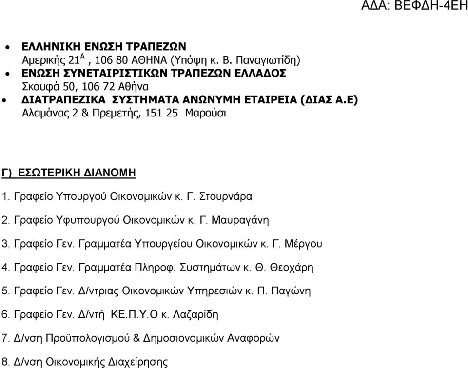 Δ) Αιακάλαο 2 & Πξεκεηήο, 151 25 Μαξνύζη Γ) ΔΩΣΔΡΗΚΖ ΓΗΑΝΟΜΖ 1. Γξαθείν Τπνπξγνύ Οηθνλνκηθώλ θ. Γ. ηνπξλάξα 2. Γξαθείν Τθππνπξγνύ Οηθνλνκηθώλ θ. Γ. Μαπξαγάλε 3.