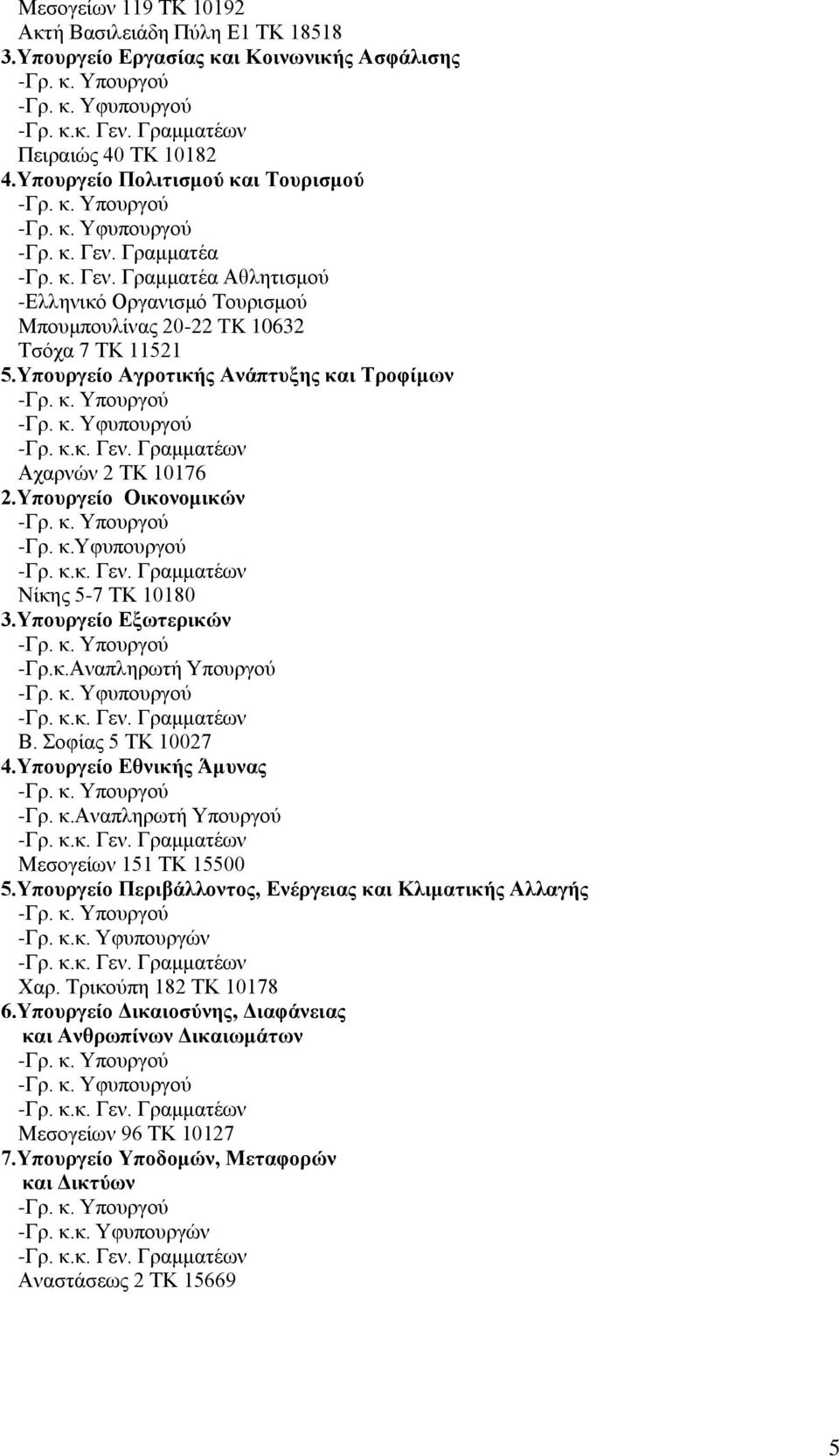 Τποςπγείο Οικονομικών -Γξ. θ.τθππνπξγνύ Νίθεο 5-7 ΣΚ 10180 3.Τποςπγείο Δξωηεπικών -Γξ.θ.Αλαπιεξσηή Τπνπξγνύ Β. νθίαο 5 TK 10027 4.Τποςπγείο Δθνικήρ Άμςναρ -Γξ. θ.αλαπιεξσηή Τπνπξγνύ Μεζνγείσλ 151 TK 15500 5.