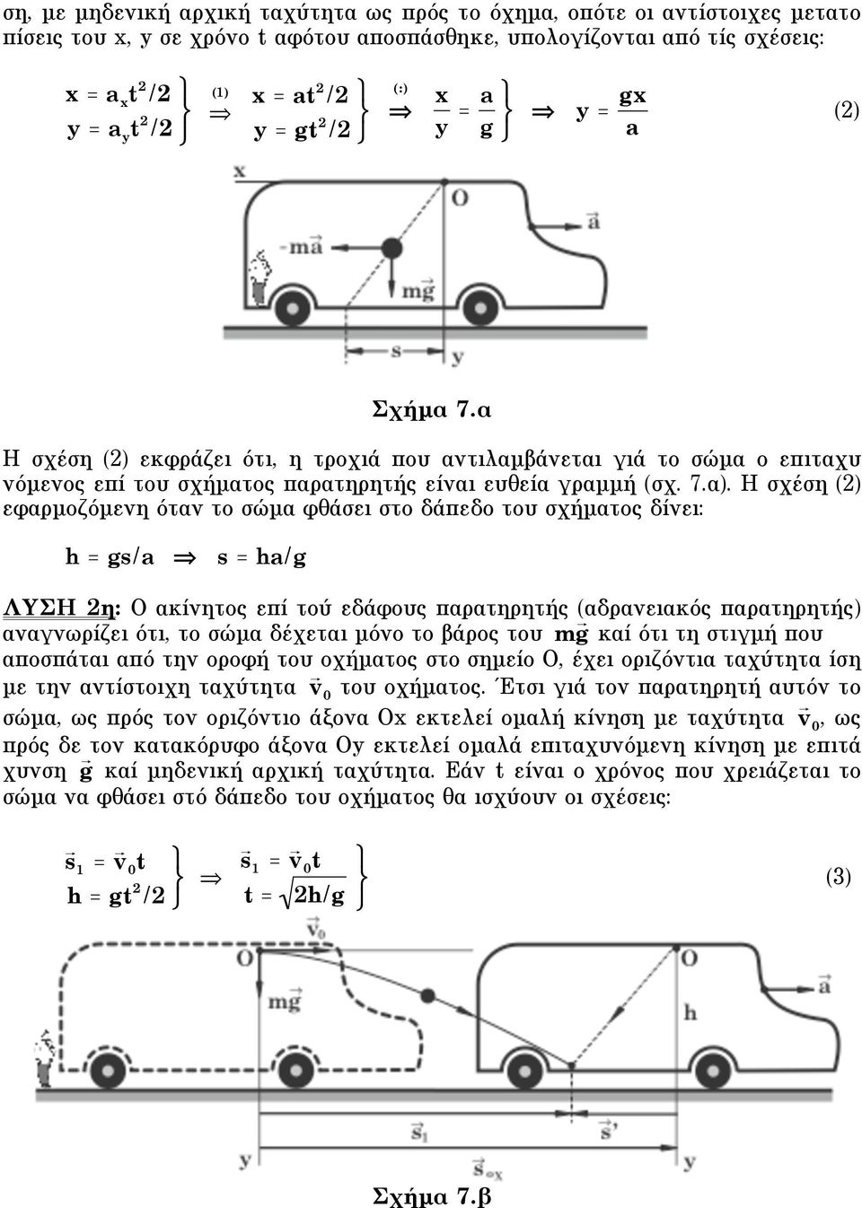 H σχέση (2) εφαρµοζόµενη όταν το σώµα φθάσει στο δάπεδο του σχήµατος δίνει: h = gs/a s = ha/g ΛYΣH 2η: O ακίνητος επί τού εδάφους παρατηρητής (αδρανειακός παρατηρητής) αναγνωρίζει ότι, το σώµα
