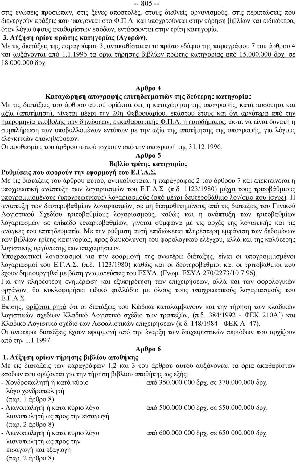 Με τις διατάξεις της παραγράφου 3, αντικαθίσταται το πρώτο εδάφιο της παραγράφου 7 του άρθρου 4 και αυξάνονται από 1.1.1996 τα όρια τήρησης βιβλίων πρώτης κατηγορίας από 15.000.000 δρχ.