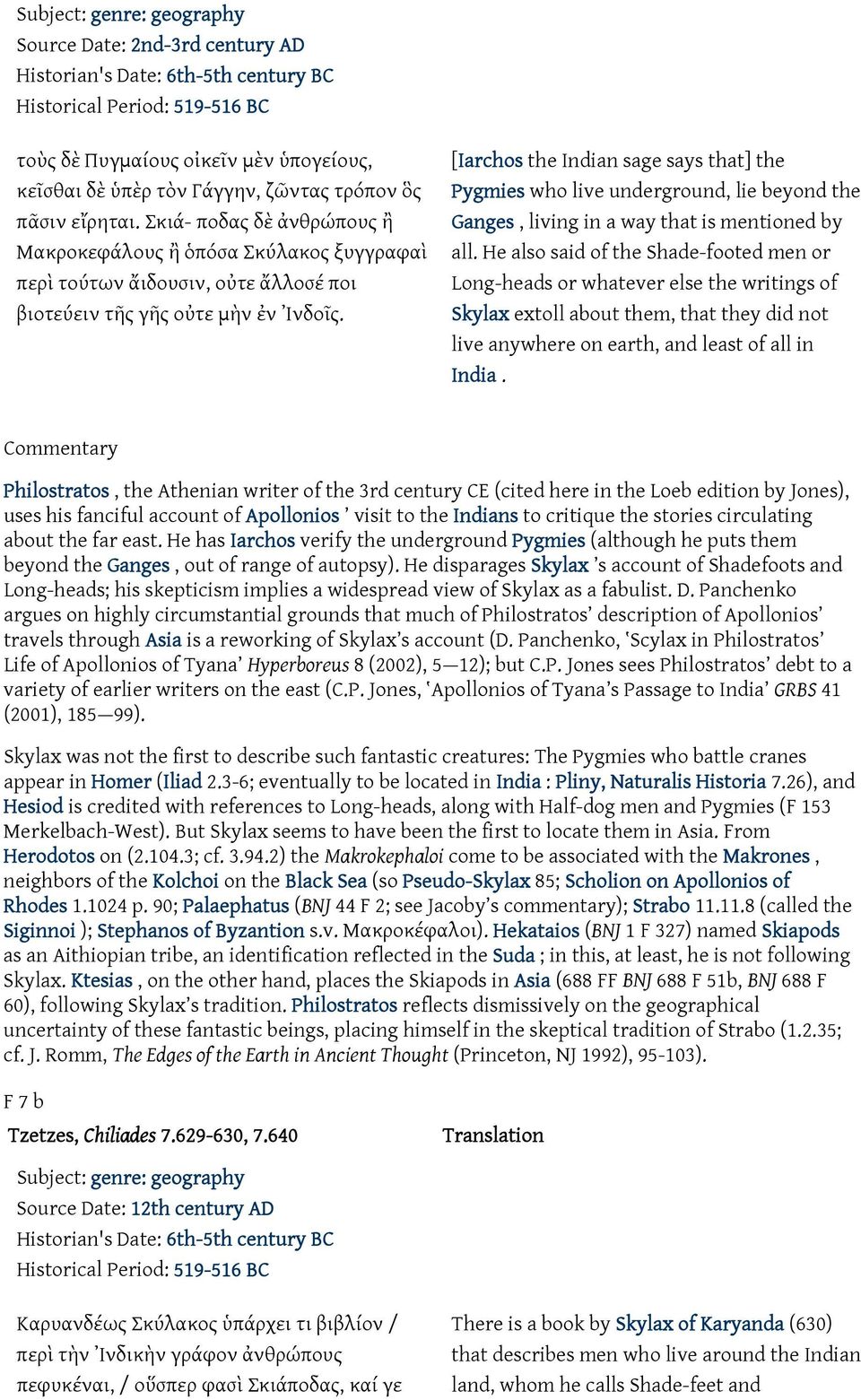 [Iarchos the Indian sage says that] the Pygmies who live underground, lie beyond the Ganges, living in a way that is mentioned by all.