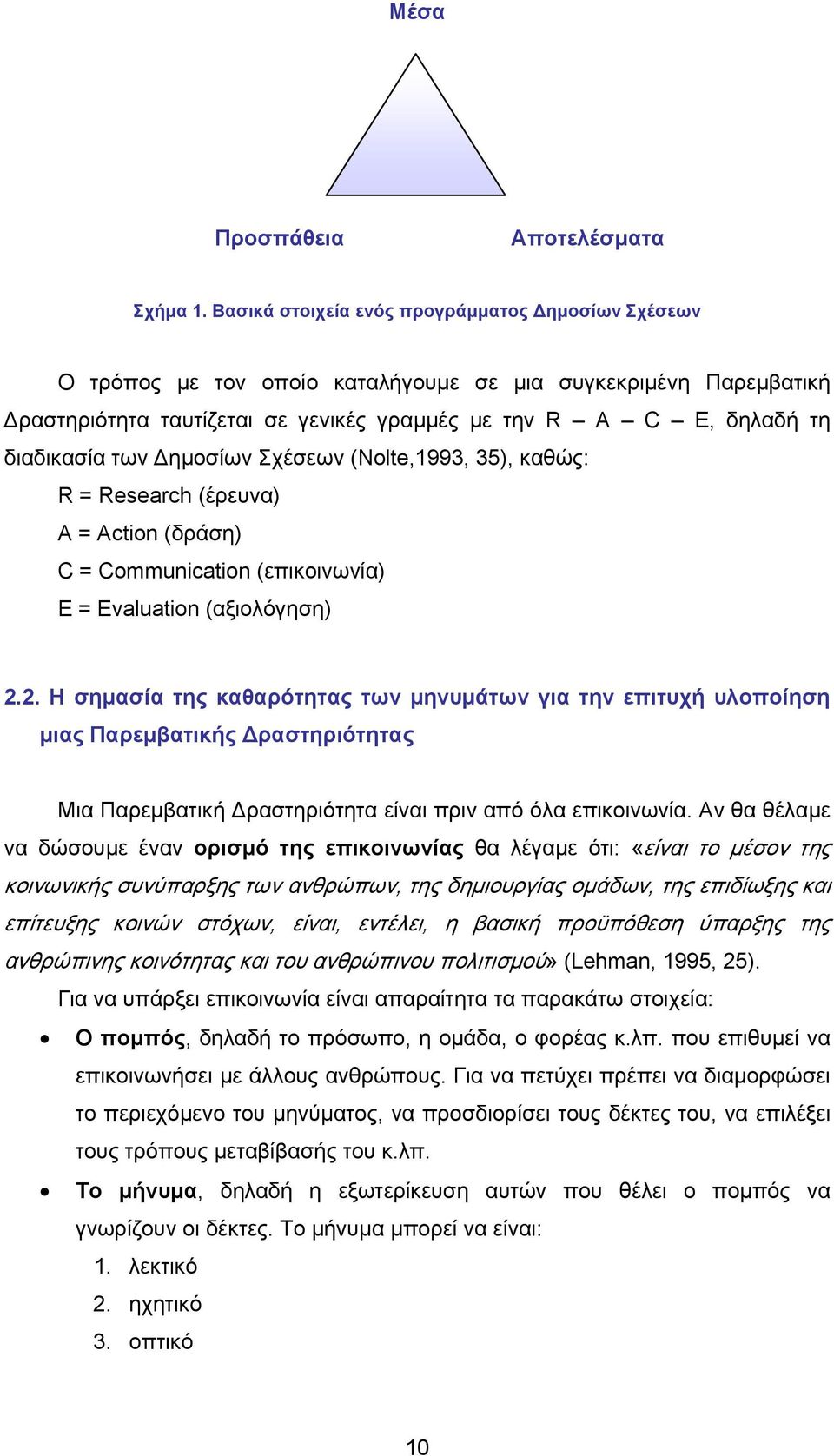 των Δημοσίων Σχέσεων (Nolte,1993, 35), καθώς: R = Research (έρευνα) Α = Action (δράση) C = Communication (επικοινωνία) Ε = Evaluation (αξιολόγηση) 2.