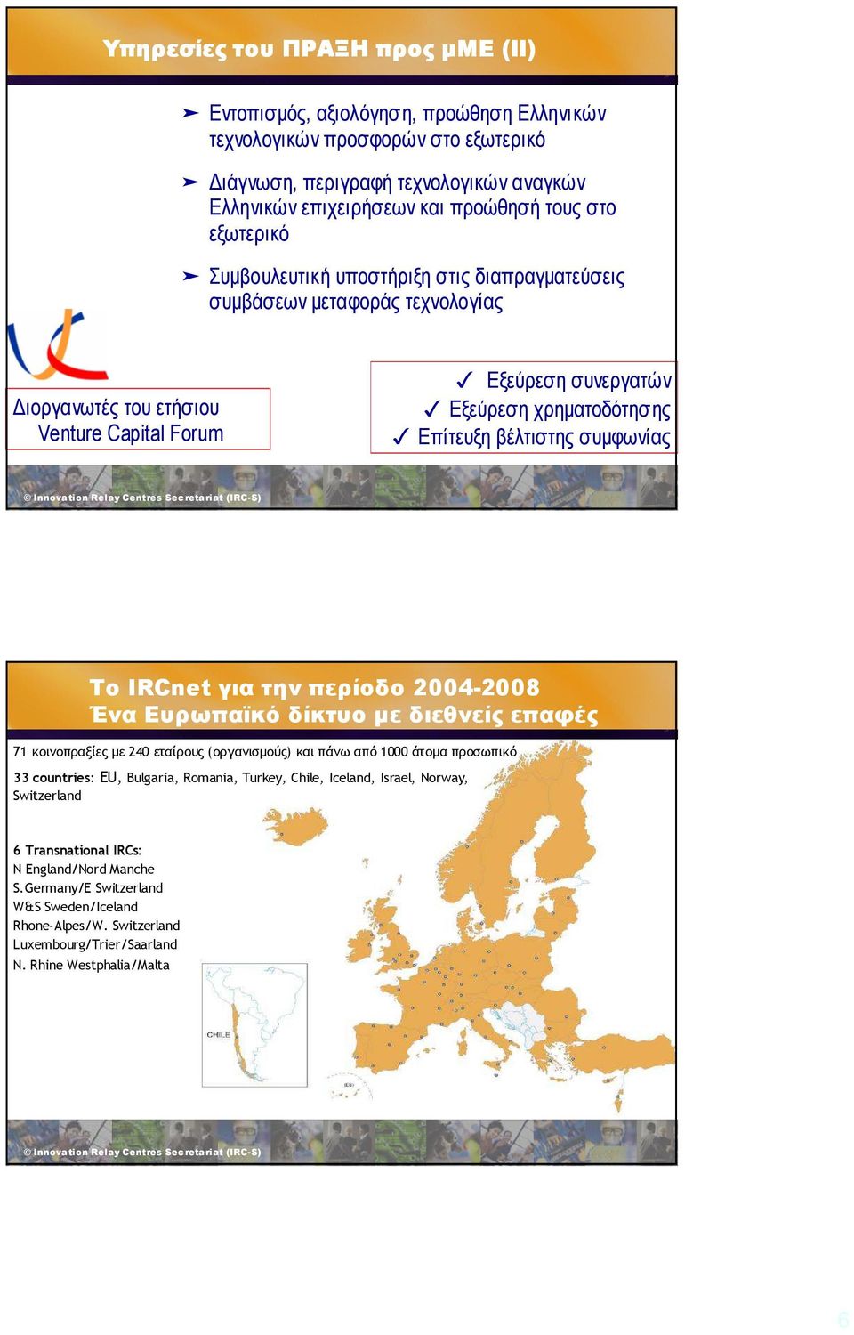 συµφωνίας Το IRCnet για την περίοδο 2004-2008 Ένα Ευρωπαϊκό δίκτυο µε διεθνείς επαφές 71 κοινοπραξίες µε 240 εταίρους (οργανισµούς) και πάνω από 1000 άτοµα προσωπικό 33 countries: EU, Bulgaria,