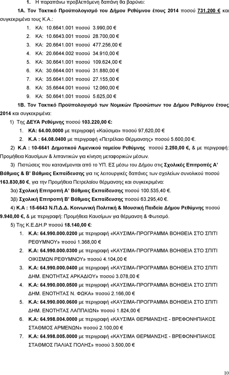 ΚΑ: 35.6644.001 ποσού 12.060,00 9. ΚΑ: 50.6641.001 ποσού 5.625,00 1Β. Τον Τακτικό Προϋπολογισμό των Νομικών Προσώπων του ήμου Ρεθύμνου έτους 2014 και συγκεκριμένα: 1) Της ΕΥΑ Ρεθύμνης ποσού 103.