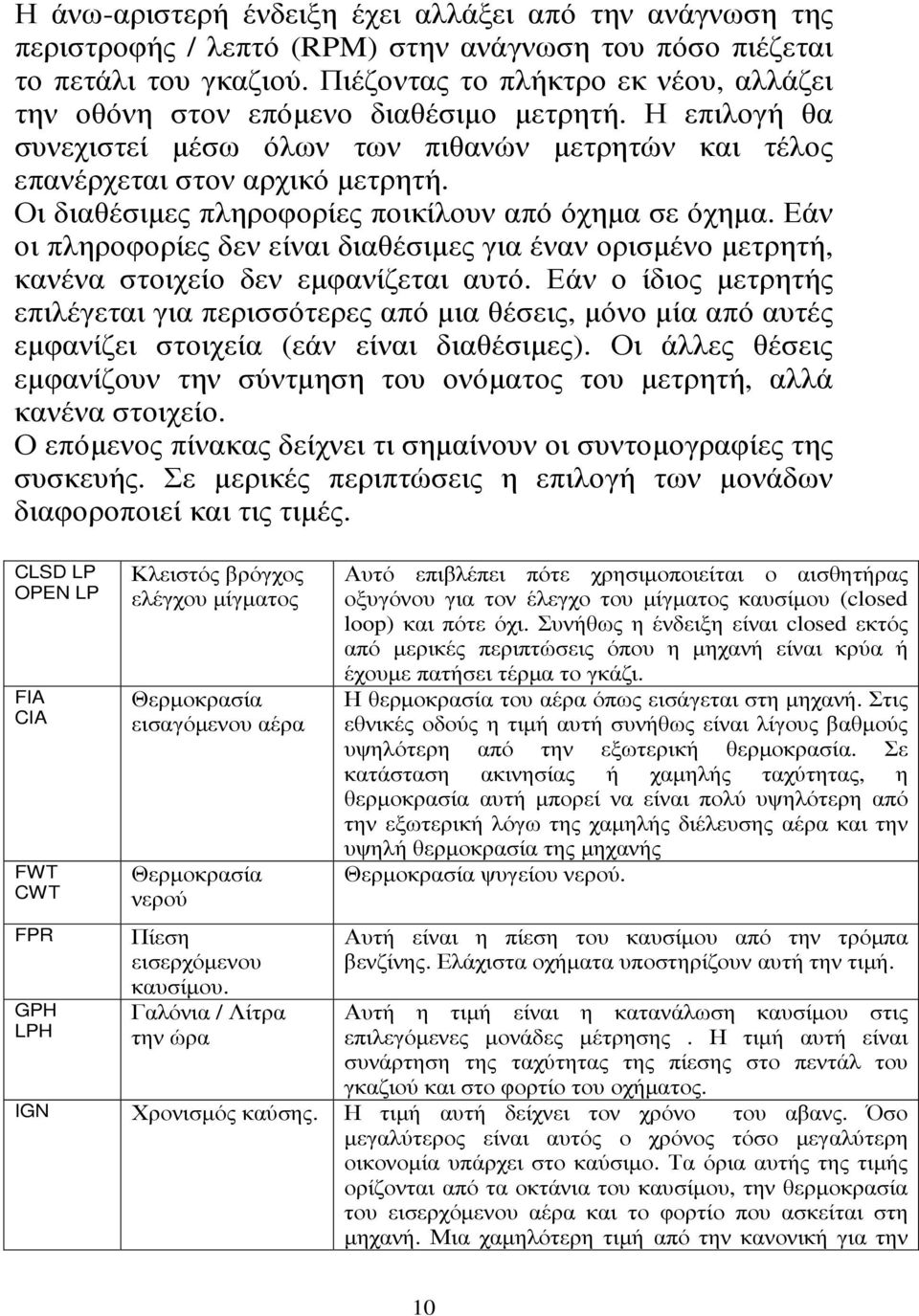 Οι διαθέσιµες πληροφορίες ποικίλουν από όχηµα σε όχηµα. Εάν οι πληροφορίες δεν είναι διαθέσιµες για έναν ορισµένο µετρητή, κανένα στοιχείο δεν εµφανίζεται αυτό.