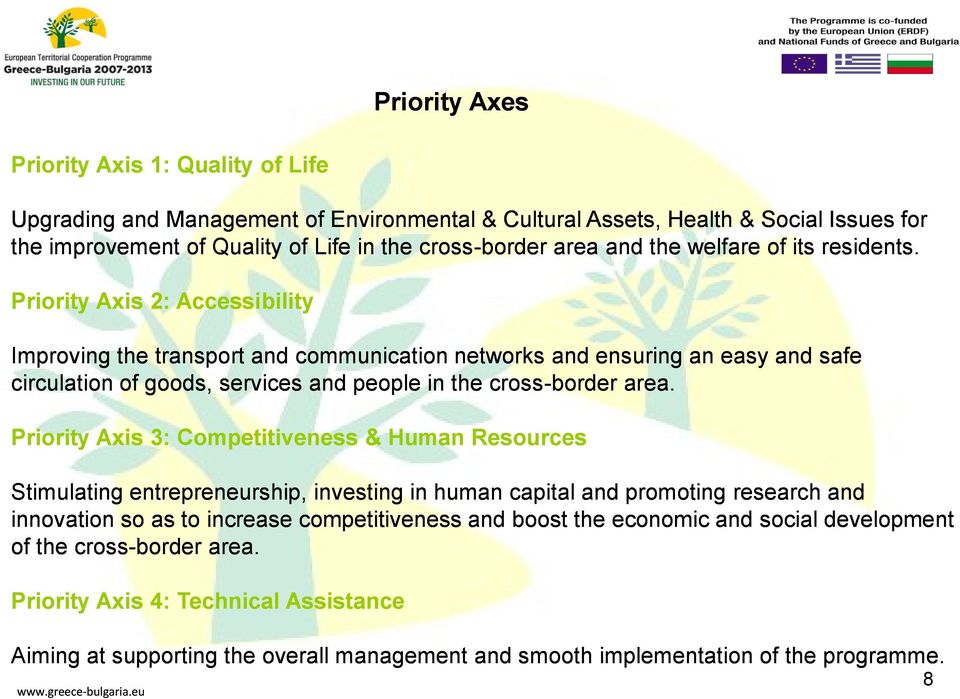 Priority Axis 2: Accessibility Improving the transport and communication networks and ensuring an easy and safe circulation of goods, services and people in the cross-border area.