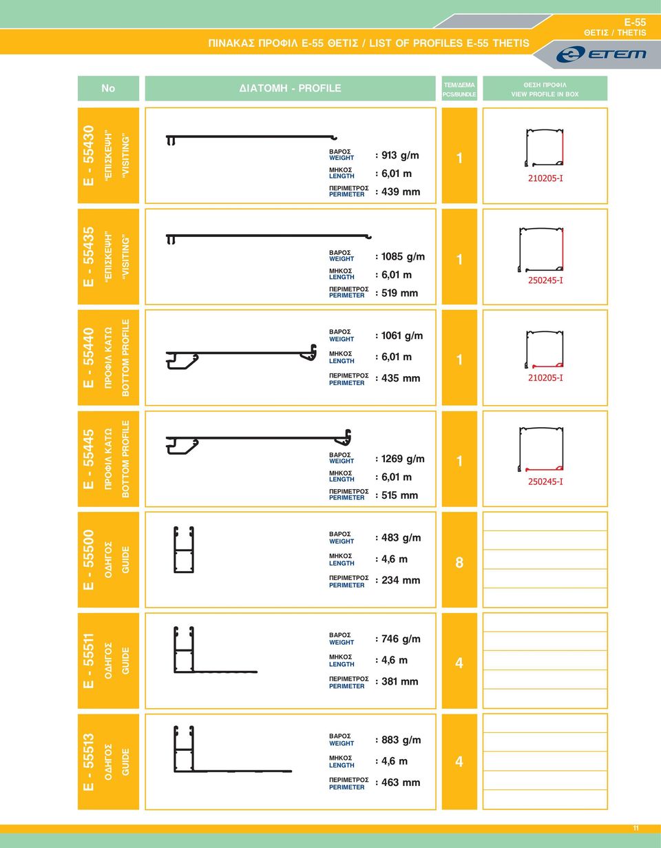 BOTTOM PROFILE : 1061 g/m : 435 mm 1 E - 55445 ÐÑÏÖÉË ÊÁÔÙ BOTTOM PROFILE : 1269 g/m : 515 mm 1 E - 55500 ÏÄÇÃÏÓ GUIDE : 483