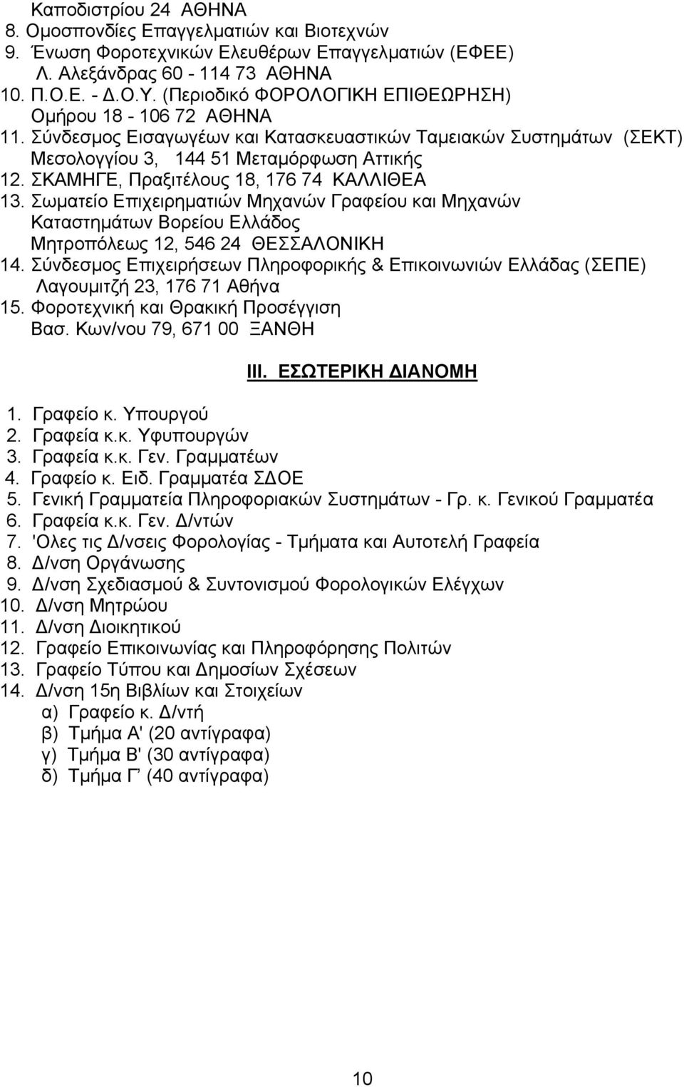 ΣΚΑΜΗΓΕ, Πραξιτέλους 18, 176 74 ΚΑΛΛΙΘΕΑ 13. Σωµατείο Επιχειρηµατιών Μηχανών Γραφείου και Μηχανών Καταστηµάτων Βορείου Ελλάδος Μητροπόλεως 12, 546 24 ΘΕΣΣΑΛΟΝΙΚΗ 14.