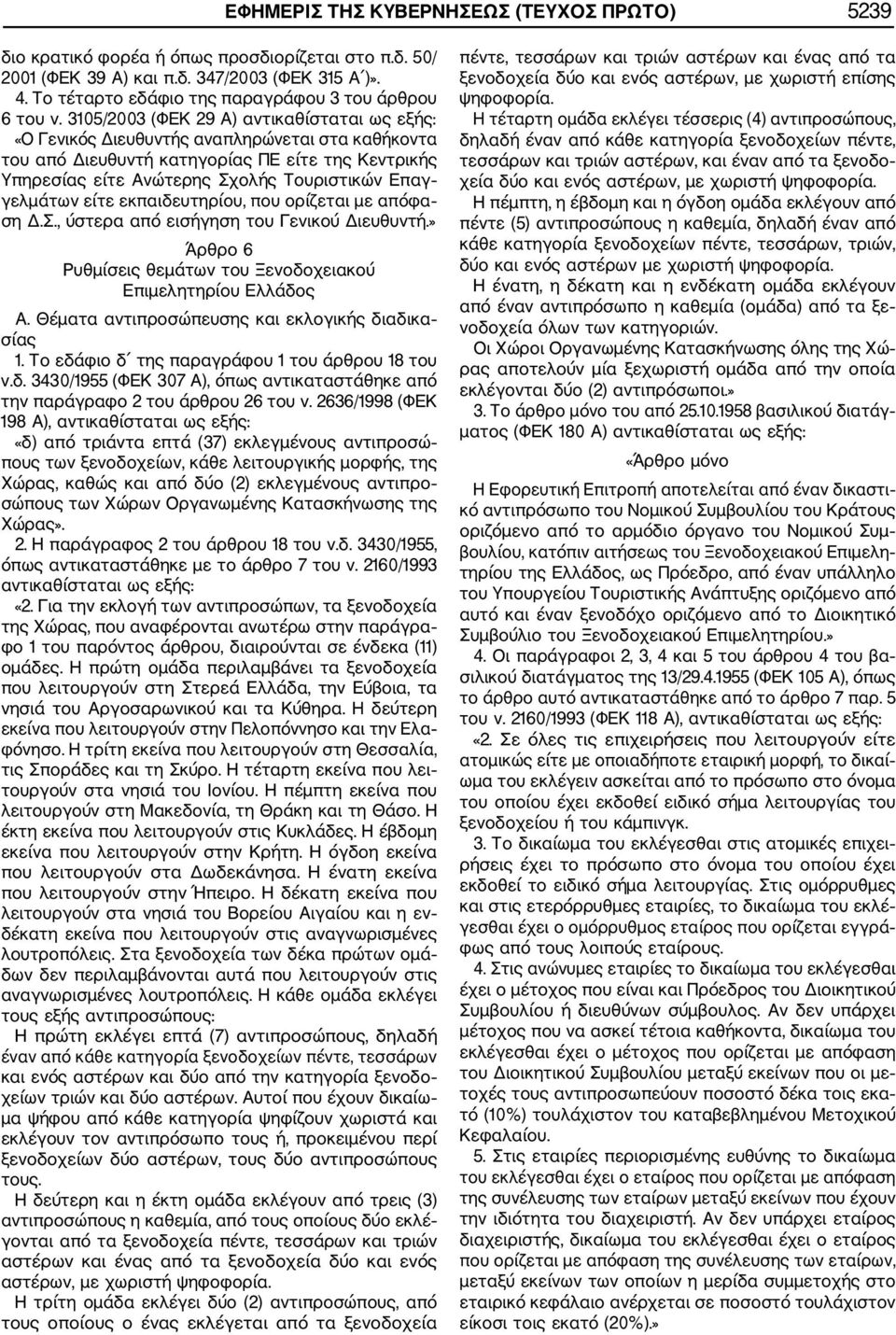 3105/2003 (ΦΕΚ 29 Α) «Ο Γενικός Διευθυντής αναπληρώνεται στα καθήκοντα του από Διευθυντή κατηγορίας ΠΕ είτε της Κεντρικής Υπηρεσίας είτε Ανώτερης Σχολής Τουριστικών Επαγ γελμάτων είτε εκπαιδευτηρίου,