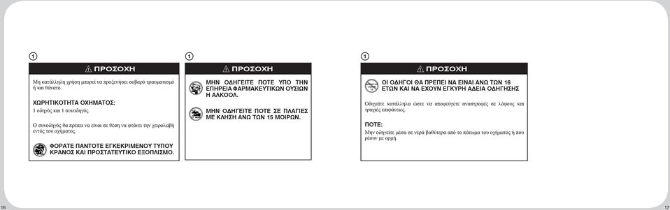 ΠΡΟΣΟΧΗ ΜΗΝ ΟΔΗΓΕΙΤΕ ΠΟΤΕ ΥΠΟ ΤΗΝ ΕΠΗΡΕΙΑ ΦΑΡΜΑΚΕΥΤΙΚΩΝ ΟΥΣΙΩΝ Η ΑΛΚΟΟΛ. ΜΗΝ ΟΔΗΓΕΙΤΕ ΠΟΤΕ ΣΕ ΠΛΑΓΙΕΣ ΜΕ ΚΛΗΣΗ ΑΝΩ ΤΩΝ 15 ΜΟΙΡΩΝ.