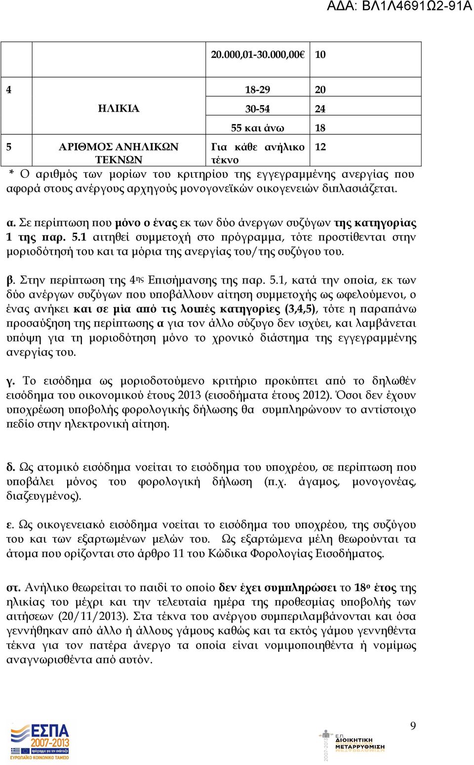 µονογονεϊκών οικογενειών δι λασιάζεται. α. Σε ερί τωση ου µόνο ο ένας εκ των δύο άνεργων συζύγων της κατηγορίας 1 της αρ. 5.