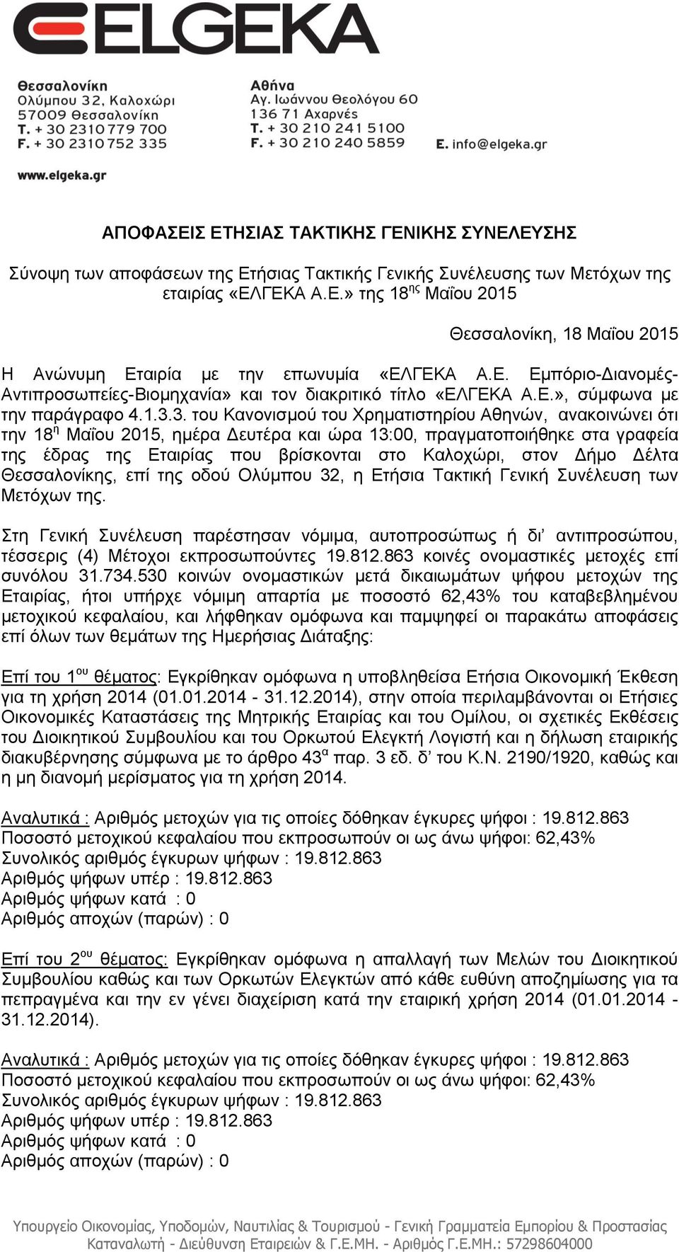 3. του Κανονισμού του Χρηματιστηρίου Αθηνών, ανακοινώνει ότι την 18 η Μαΐου 2015, ημέρα Δευτέρα και ώρα 13:00, πραγματοποιήθηκε στα γραφεία της έδρας της Εταιρίας που βρίσκονται στο Καλοχώρι, στον