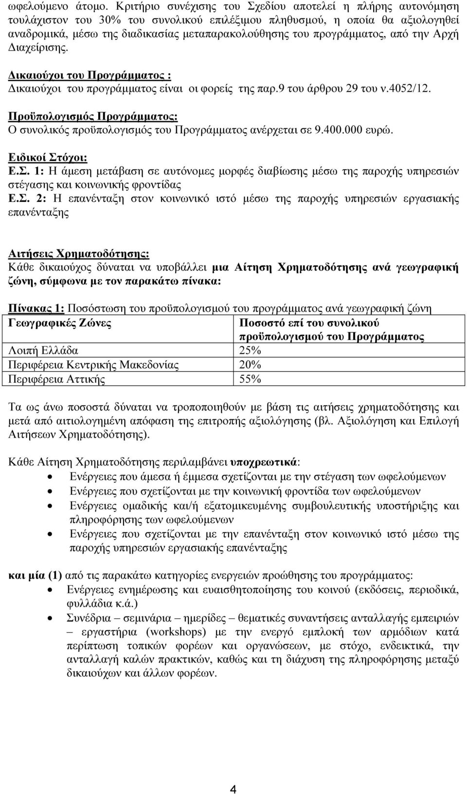 προγράµµατος, από την Αρχή ιαχείρισης. ικαιούχοι του Προγράµµατος : ικαιούχοι του προγράµµατος είναι οι φορείς της παρ.9 του άρθρου 29 του ν.4052/12.