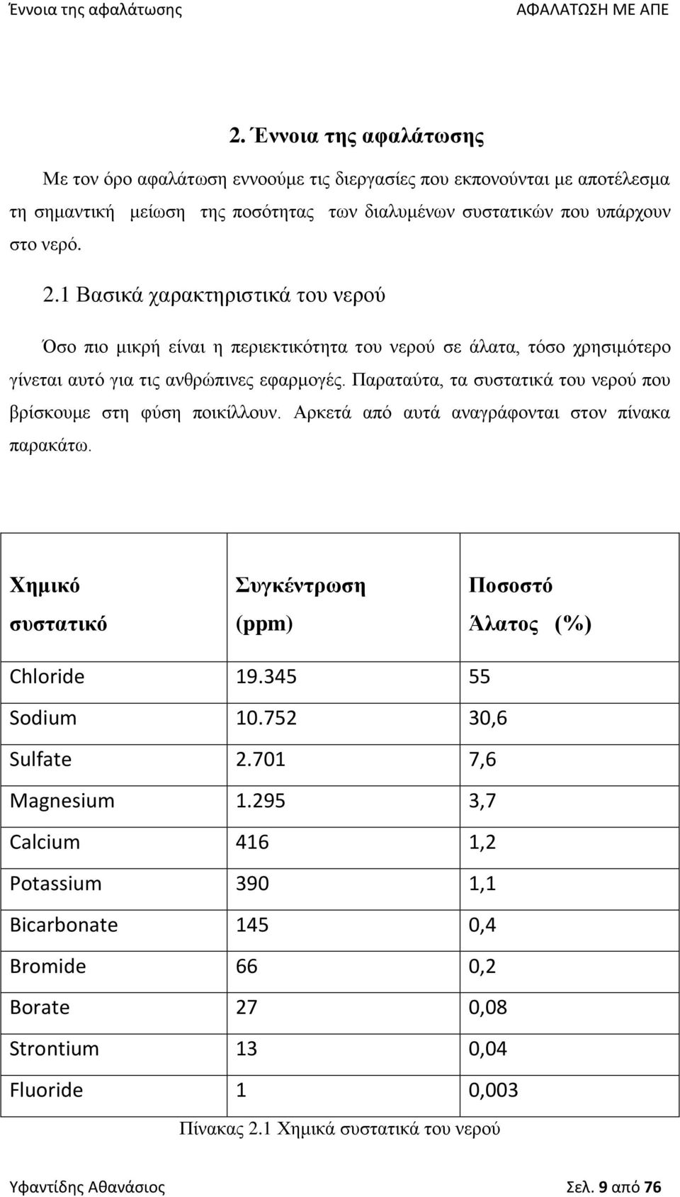 1 Βασικά χαρακτηριστικά του νερού Όσο πιο μικρή είναι η περιεκτικότητα του νερού σε άλατα, τόσο χρησιμότερο γίνεται αυτό για τις ανθρώπινες εφαρμογές.