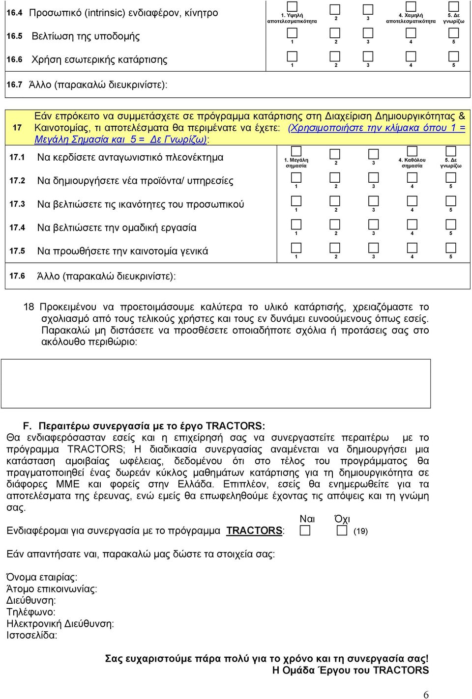 κλίμακα όπου 1 = Μεγάλη Σημασία και 5 = Δε Γνωρίζω): 17.1 Να κερδίσετε ανταγωνιστικό πλεονέκτημα 1. Μεγάλη 4. σημασία σημασία 17.2 Να δημιουργήσετε νέα προϊόντα/ υπηρεσίες 17.