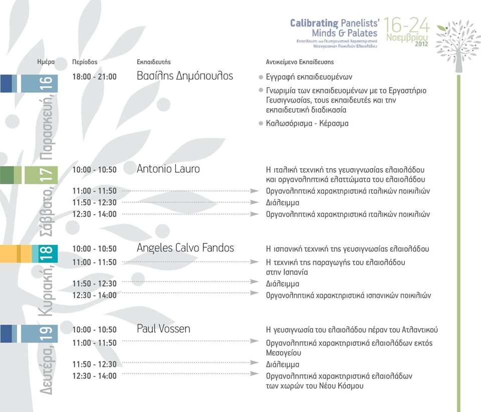 ελαιολάδου 11:00-11:50 Οργανοληπτικά χαρακτηριστικά ιταλικών ποικιλιών 11:50-12:30 Διάλειμμα 12:30-14:00 Οργανοληπτικά χαρακτηριστικά ιταλικών ποικιλιών 10:00-10:50 Angeles Calvo Fandos Η ισπανική