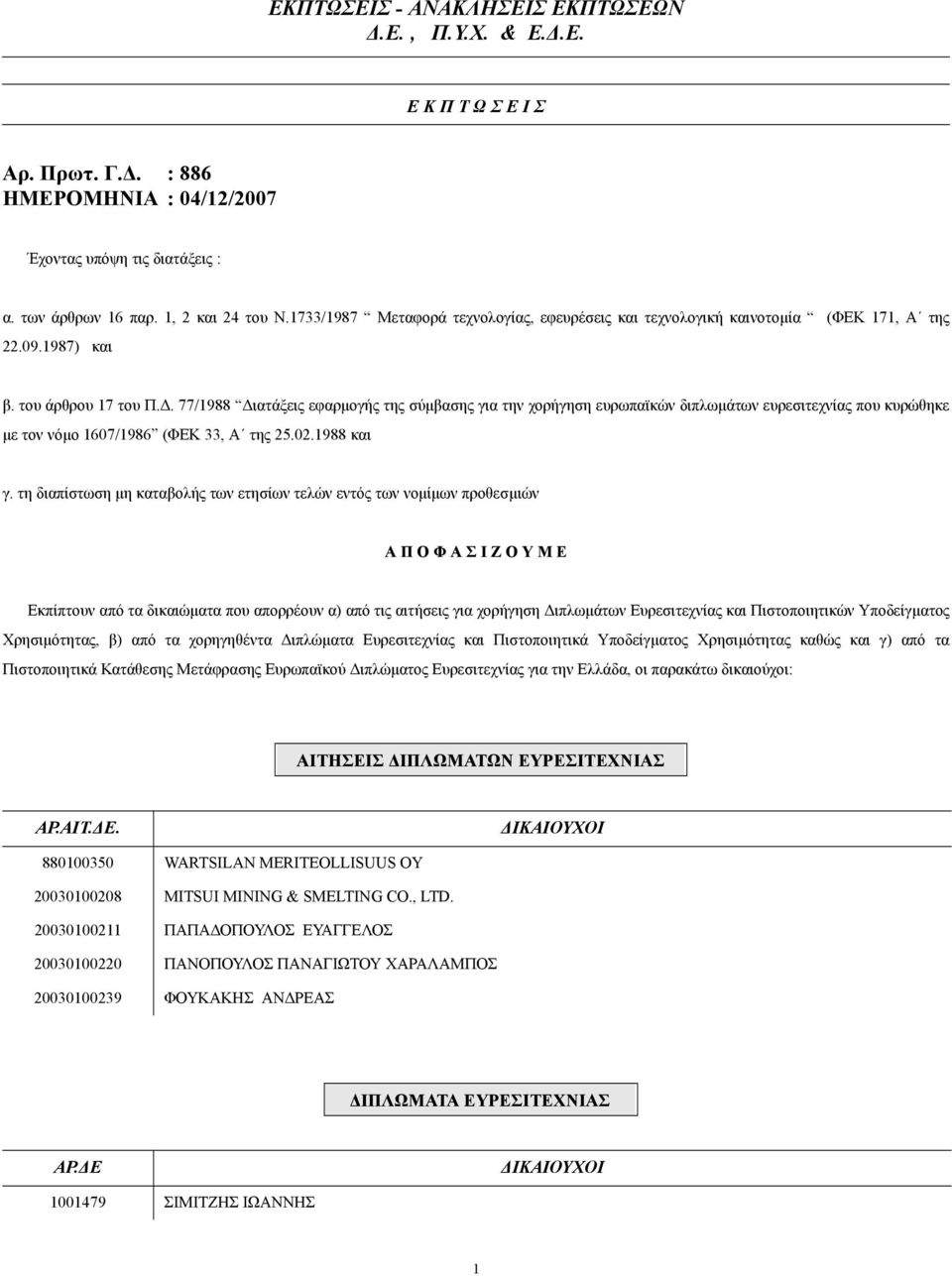 . 77/1988 ιατάξεις εφαρµογής της σύµβασης για την χορήγηση ευρωπαϊκών διπλωµάτων ευρεσιτεχνίας που κυρώθηκε µε τον νόµο 1607/1986 (ΦΕΚ 33, Α της 25.02.1988 και γ.