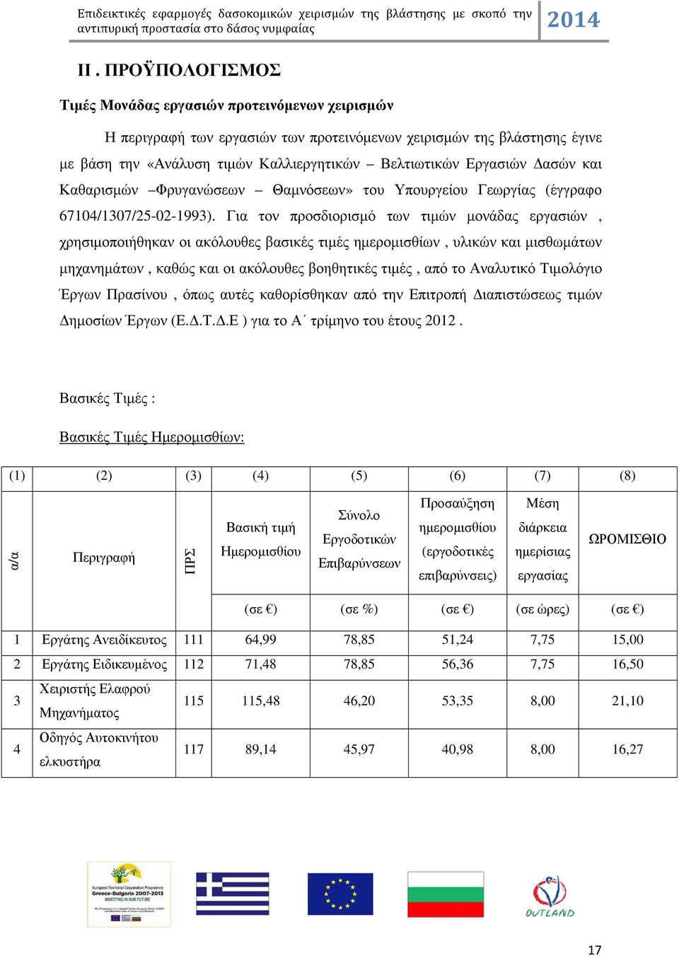 Για τον προσδιορισµό των τιµών µονάδας εργασιών, χρησιµοποιήθηκαν οι ακόλουθες βασικές τιµές ηµεροµισθίων, υλικών και µισθωµάτων µηχανηµάτων, καθώς και οι ακόλουθες βοηθητικές τιµές, από το Αναλυτικό