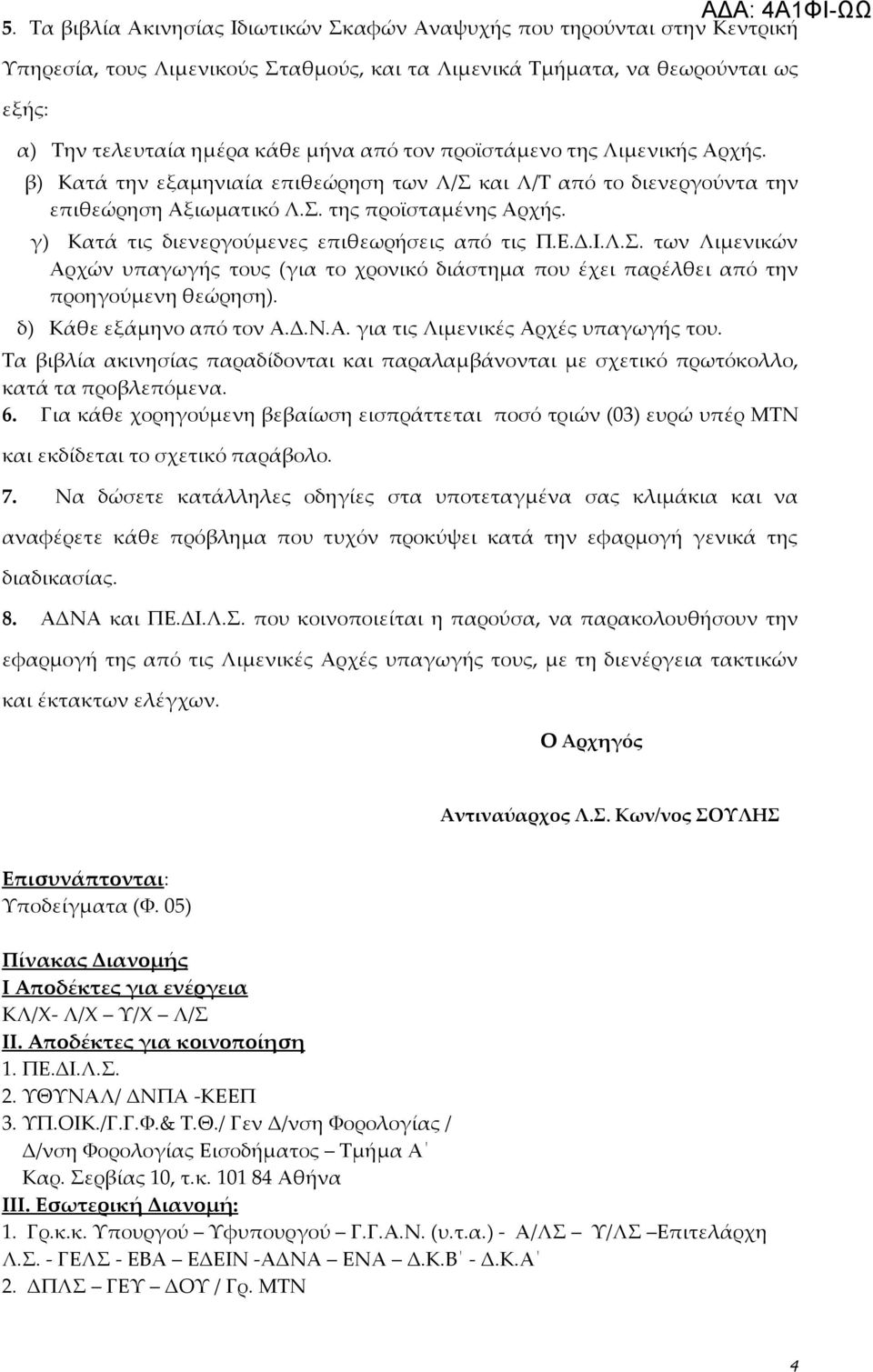 γ) Κατά τις διενεργούμενες επιθεωρήσεις από τις Π.Ε.Δ.Ι.Λ.Σ. των Λιμενικών Αρχών υπαγωγής τους (για το χρονικό διάστημα που έχει παρέλθει από την προηγούμενη θεώρηση). δ) Κάθε εξάμηνο από τον Α.Δ.Ν.Α. για τις Λιμενικές Αρχές υπαγωγής του.