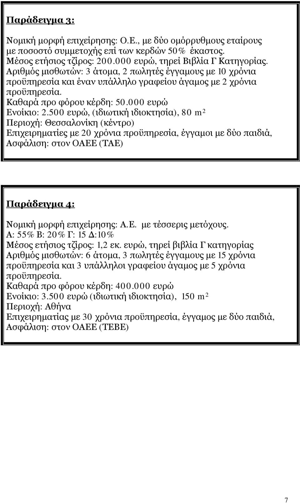 500 ευρώ, (ιδιωτική ιδιοκτησία), 80 m 2 Περιοχή: Θεσσαλονίκη (κέντρο) Επιχειρηματίες με 20 χρόνια προϋπηρεσία, έγγαμοι με δύο παιδιά, Ασφάλιση: στον ΟΑΕΕ (ΤΑΕ) Παράδειγμα 4: Νομική μορφή επιχείρησης: