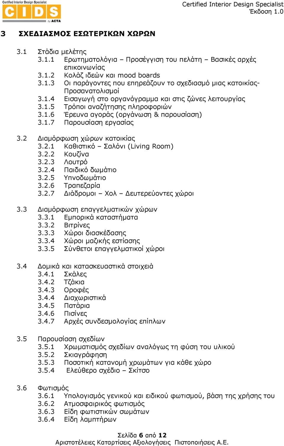 Διαμόρφωση χώρων κατοικίας 3.2.1 Καθιστικό Σαλόνι (Living Room) 3.2.2 Κουζίνα 3.2.3 Λουτρό 3.2.4 Παιδικό δωμάτιο 3.2.5 Υπνοδωμάτιο 3.2.6 Τραπεζαρία 3.2.7 Διάδρομοι Χολ Δευτερεύοντες χώροι 3.
