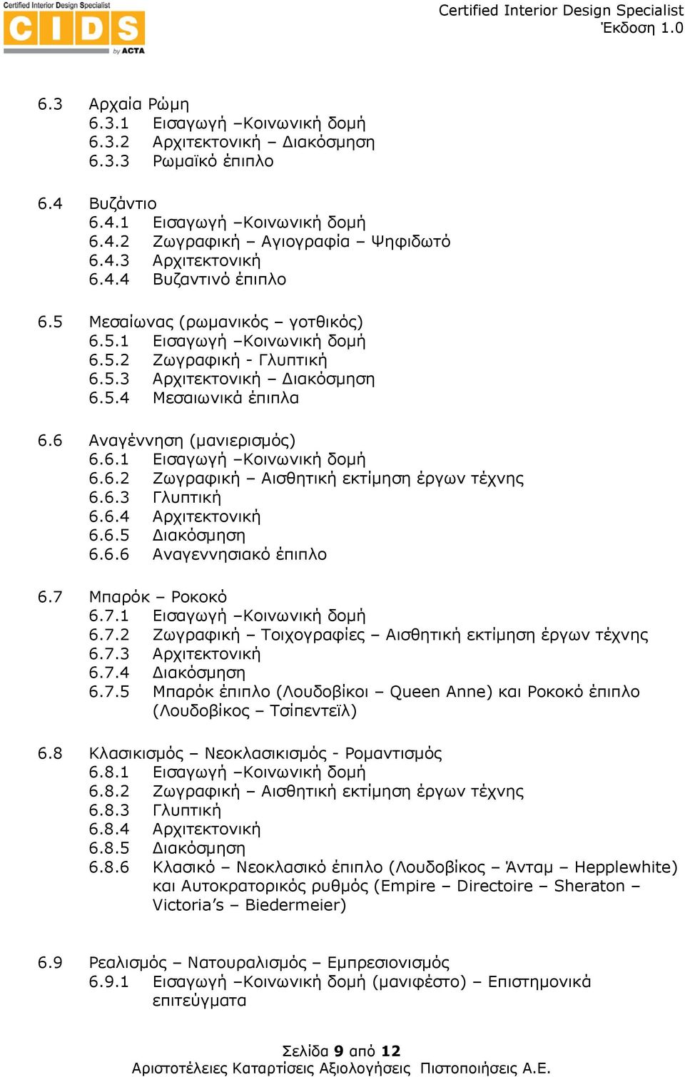 6.1 Εισαγωγή Κοινωνική δομή 6.6.2 Ζωγραφική Αισθητική εκτίμηση έργων τέχνης 6.6.3 Γλυπτική 6.6.4 Αρχιτεκτονική 6.6.5 Διακόσμηση 6.6.6 Αναγεννησιακό έπιπλο 6.7 