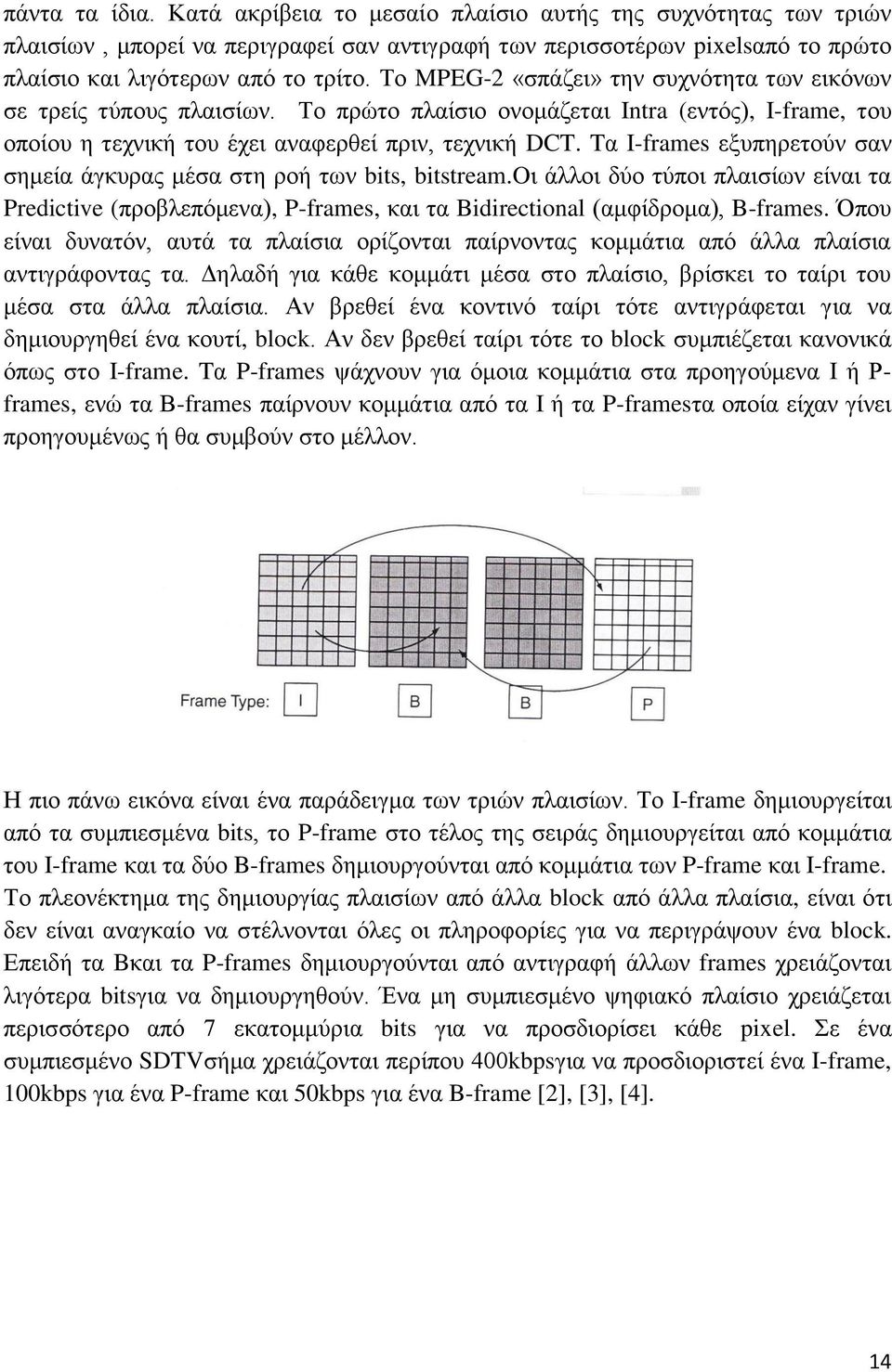 Tα I-frames εξυπηρετούν σαν σημεία άγκυρας μέσα στη ροή των bits, bitstream.oι άλλοι δύο τύποι πλαισίων είναι τα Predictive (προβλεπόμενα), P-frames, και τα Bidirectional (αμφίδρομα), B-frames.