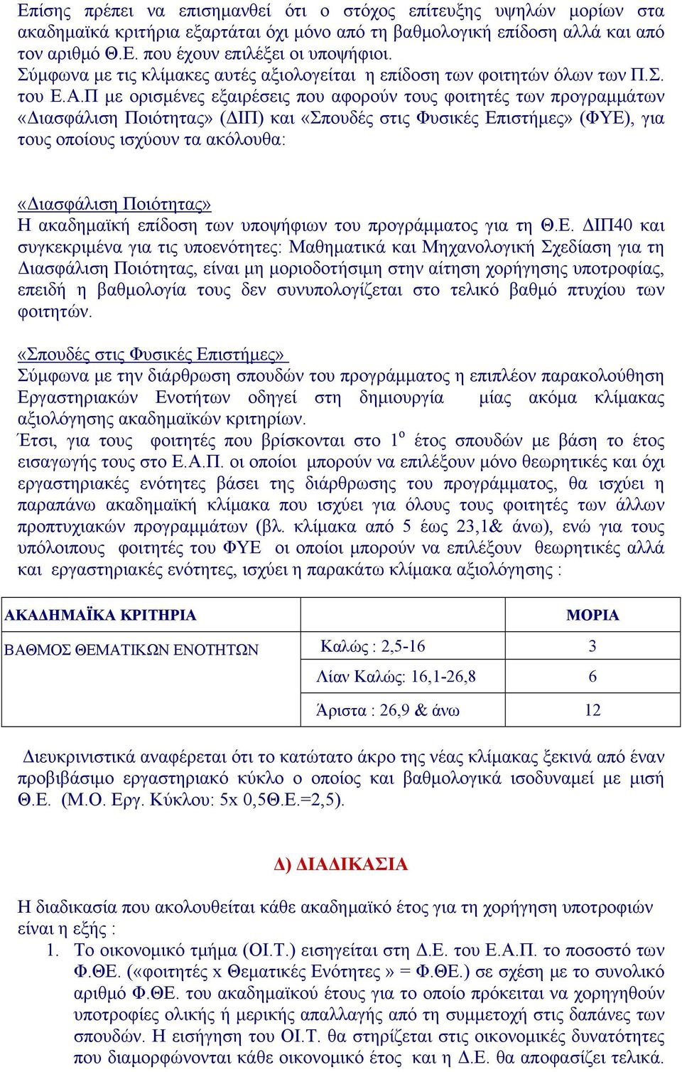 Π με ορισμένες εξαιρέσεις που αφορούν τους φοιτητές των προγραμμάτων «Διασφάλιση Ποιότητας» (ΔΙΠ) και «Σπουδές στις Φυσικές Επιστήμες» (ΦΥΕ), για τους οποίους ισχύουν τα ακόλουθα: «Διασφάλιση