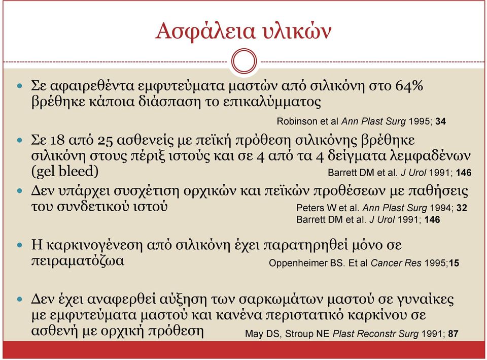 J Urol 1991; 146 Γελ ππάξρεη ζπζρέηηζε νξρηθώλ θαη πετθώλ πξνζέζεσλ κε παζήζεηο ηνπ ζπλδεηηθνύ ηζηνύ Robinson et al Ann Plast Surg 1995; 34 Peters W et al.