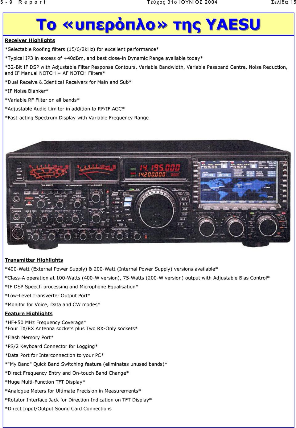 Receivers for Main and Sub* *IF Noise Blanker* *Variable RF Filter on all bands* *Adjustable Audio Limiter in addition to RF/IF AGC* *Fast-acting Spectrum Display with Variable Frequency Range