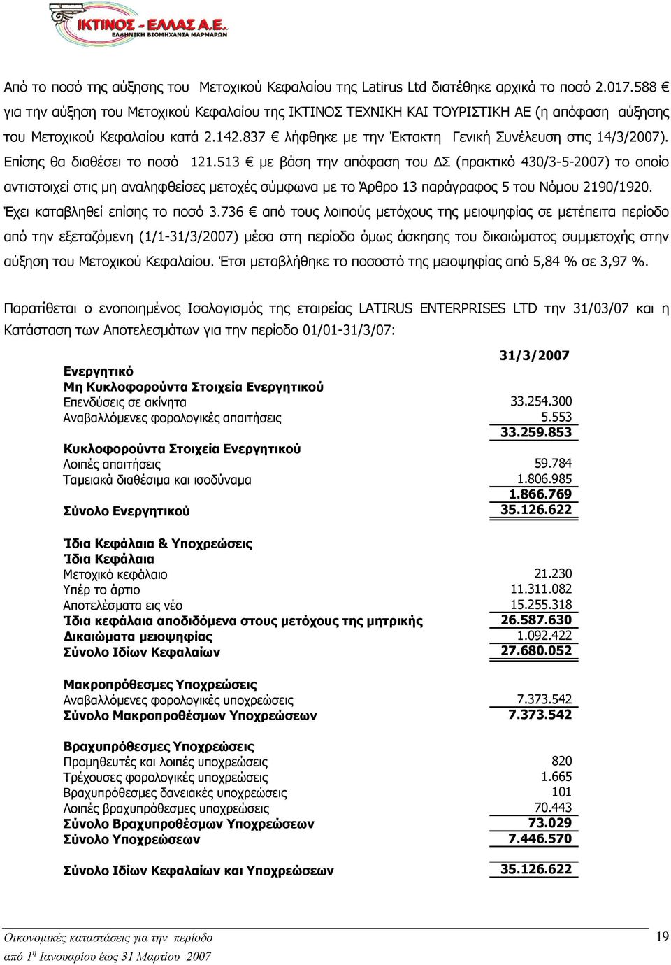 Επίσης θα διαθέσει το ποσό 121.513 με βάση την απόφαση του ΔΣ (πρακτικό 430/3-5-2007) το οποίο αντιστοιχεί στις μη αναληφθείσες μετοχές σύμφωνα με το Άρθρο 13 παράγραφος 5 του Νόμου 2190/1920.